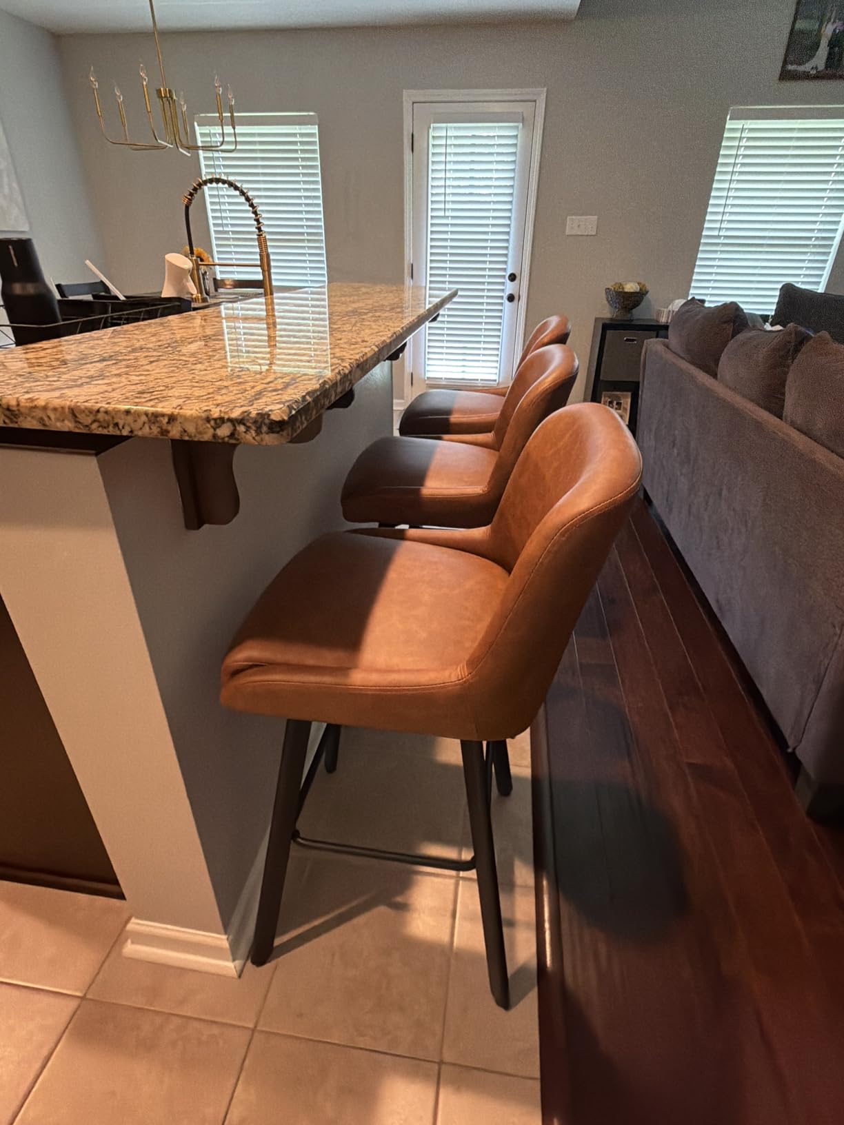 SAECKBERG Swivel Bar Stools Set of 3, 26''H Upholstered Barstools with Backs, Modern Counter Height Bar Stool Chairs for Kitchen Island, Metal Legs, Faux Leather, Brown Counter Stools customer photo 2
