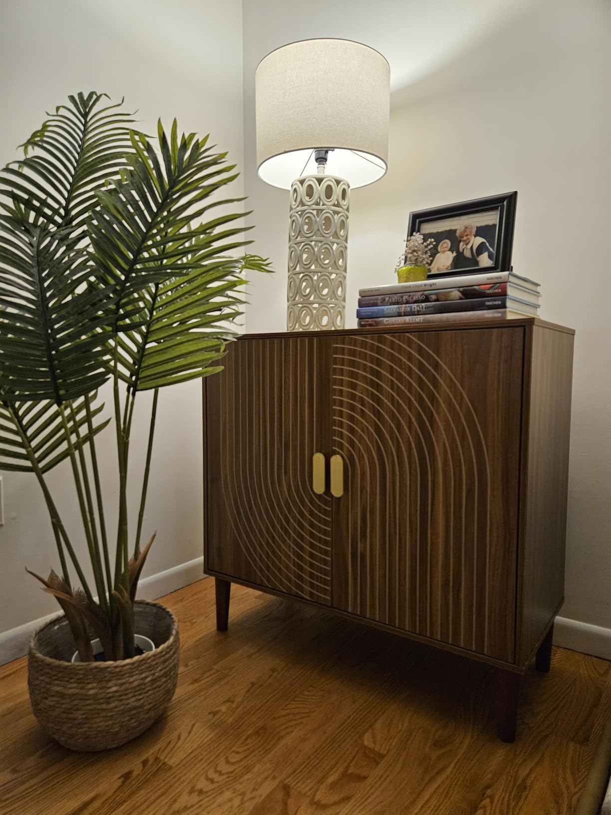 Smuxee Walnut Sideboard Cabinet, Freestanding Buffet Cabinet with Line Groove Design, Wood Storage Cabinet with Adjustable Shelf for Living Room, Entryway, Hallway customer photo 1