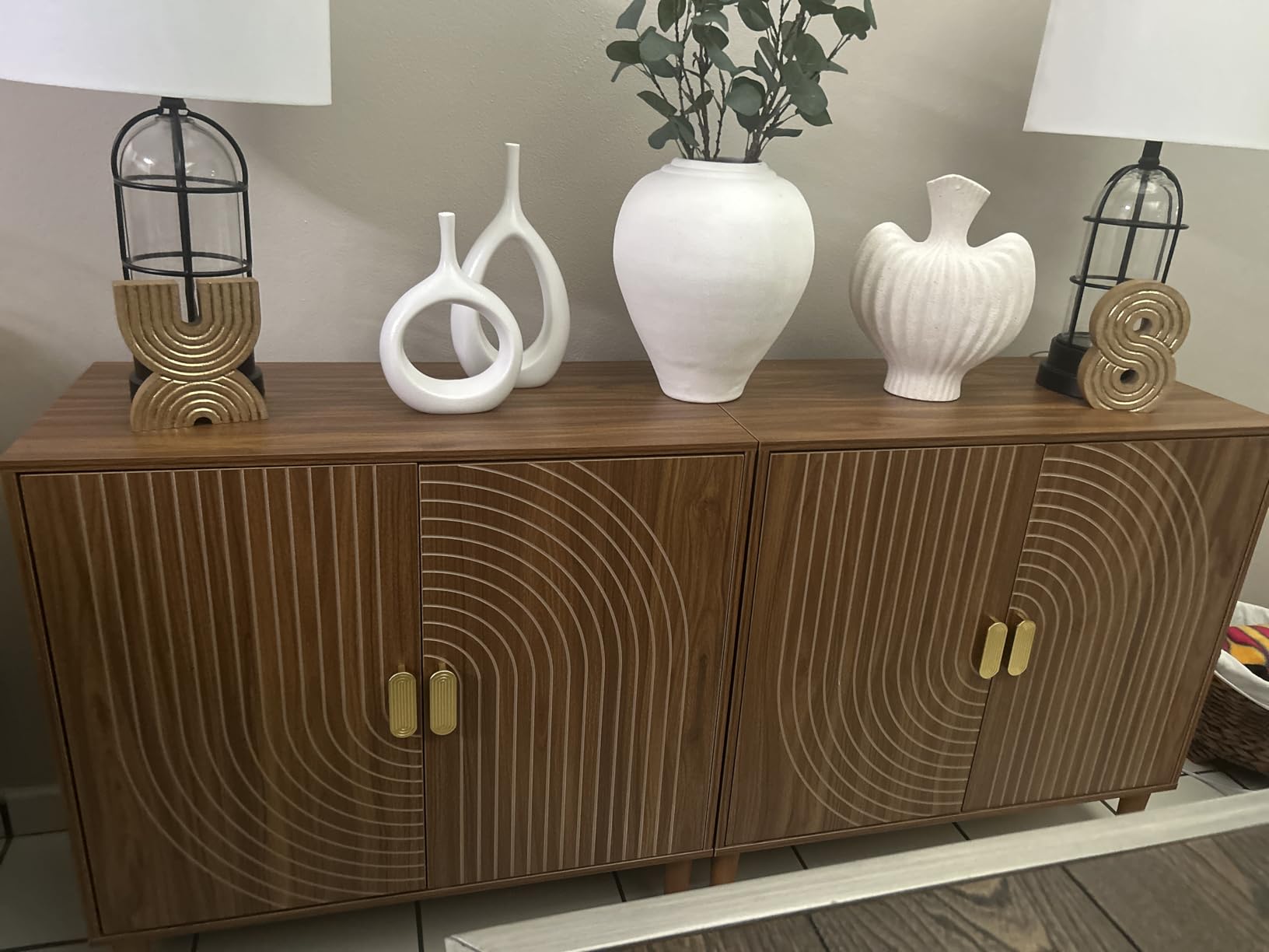 Smuxee Walnut Sideboard Cabinet, Freestanding Buffet Cabinet with Line Groove Design, Wood Storage Cabinet with Adjustable Shelf for Living Room, Entryway, Hallway customer photo 2