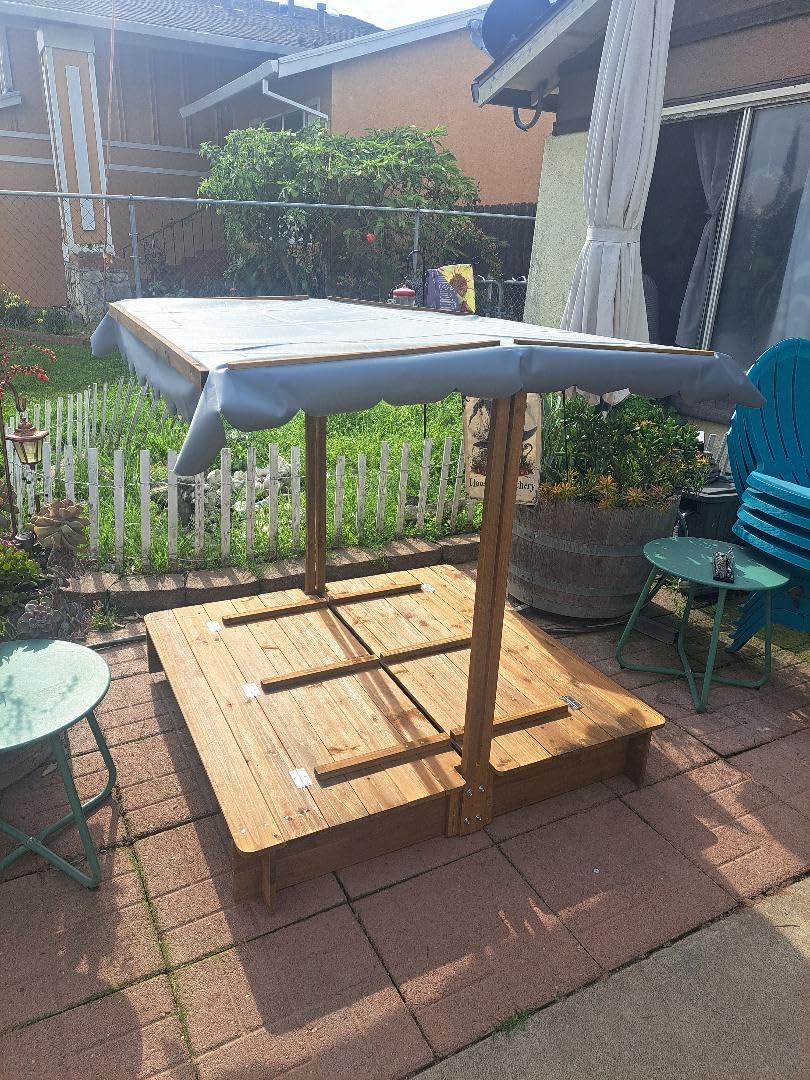 Kids Sandbox with Lid, Wooden Sand Box with Cover Outdoor, UV-Protection & Natural Wood, Foldable Bench Seat, Adjustable Canopy, Sand Box for Kids Ages 2-8 (47x47in) customer photo 2