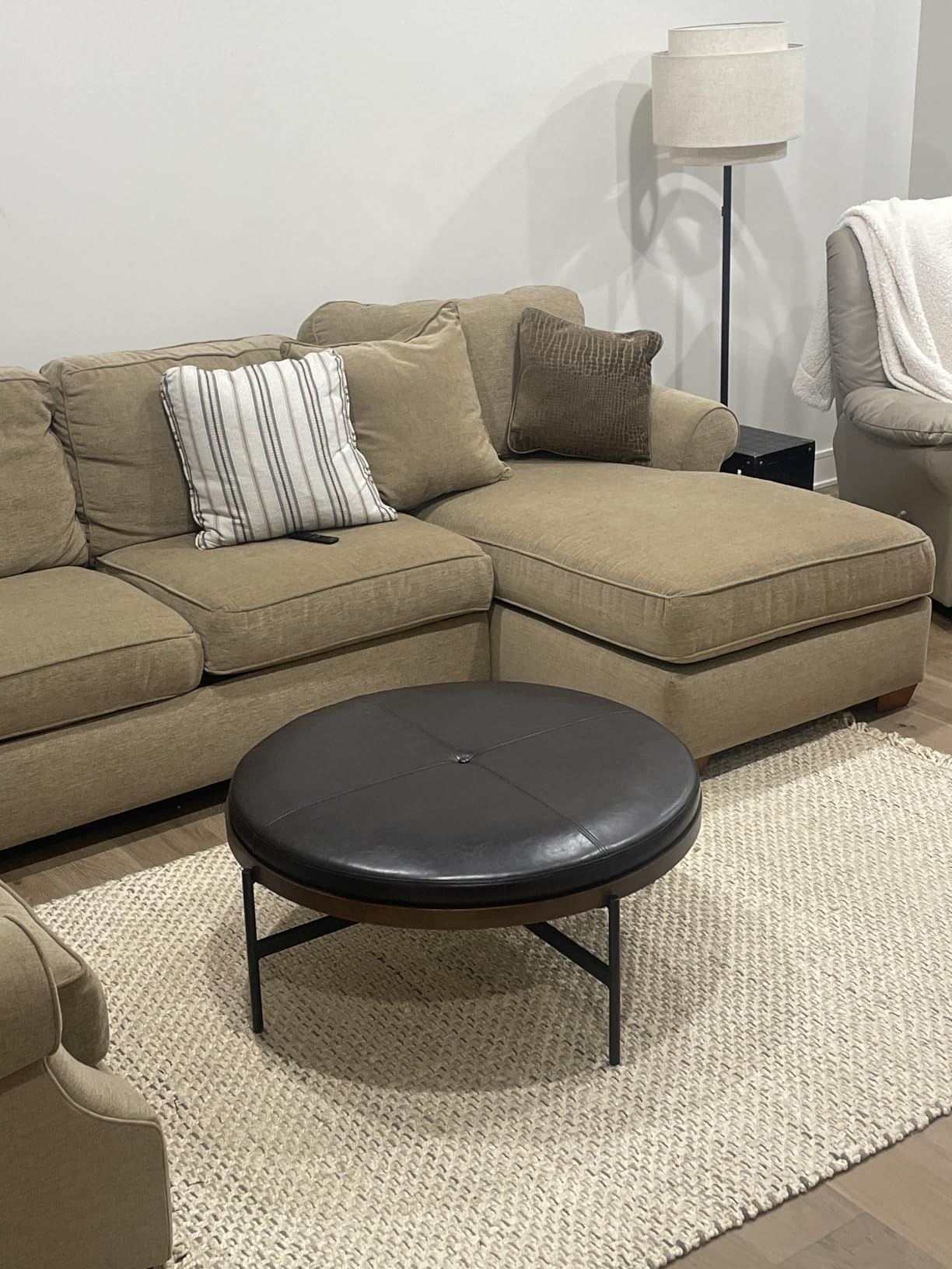 Christopher Knight Home Neapo Round Ottoman, Cocktail Ottoman, Upholstery Coffee Table, X Shape Legs, Comfortable Footstool, Durable Metal Frame, Spacious Seating for Living Room Entryway, Beige+Black customer photo 1