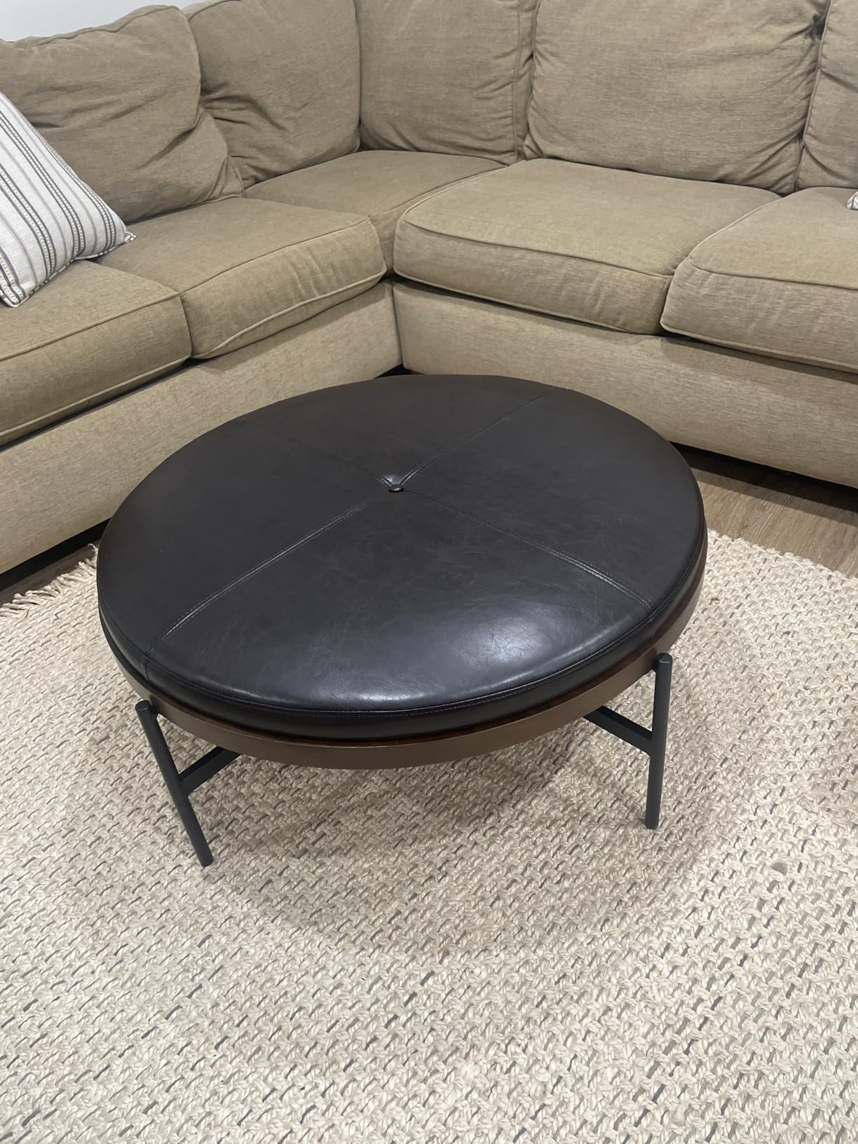 Christopher Knight Home Neapo Round Ottoman, Cocktail Ottoman, Upholstery Coffee Table, X Shape Legs, Comfortable Footstool, Durable Metal Frame, Spacious Seating for Living Room Entryway, Beige+Black customer photo 2