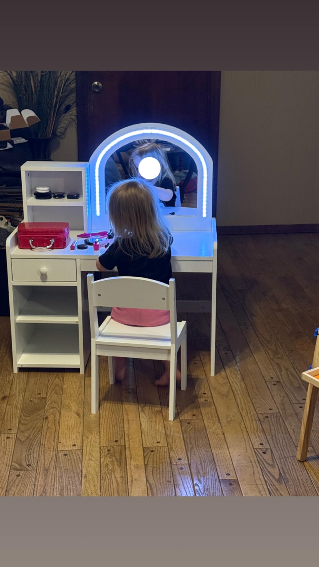 Kids Vanity with Lights, Vanity Set with Drawer and Storage Shelves, 2 in 1 Toddler Vanity with Lighted Mirror, Girls Vanity Set with Stool for Little Girls (White) customer photo 2
