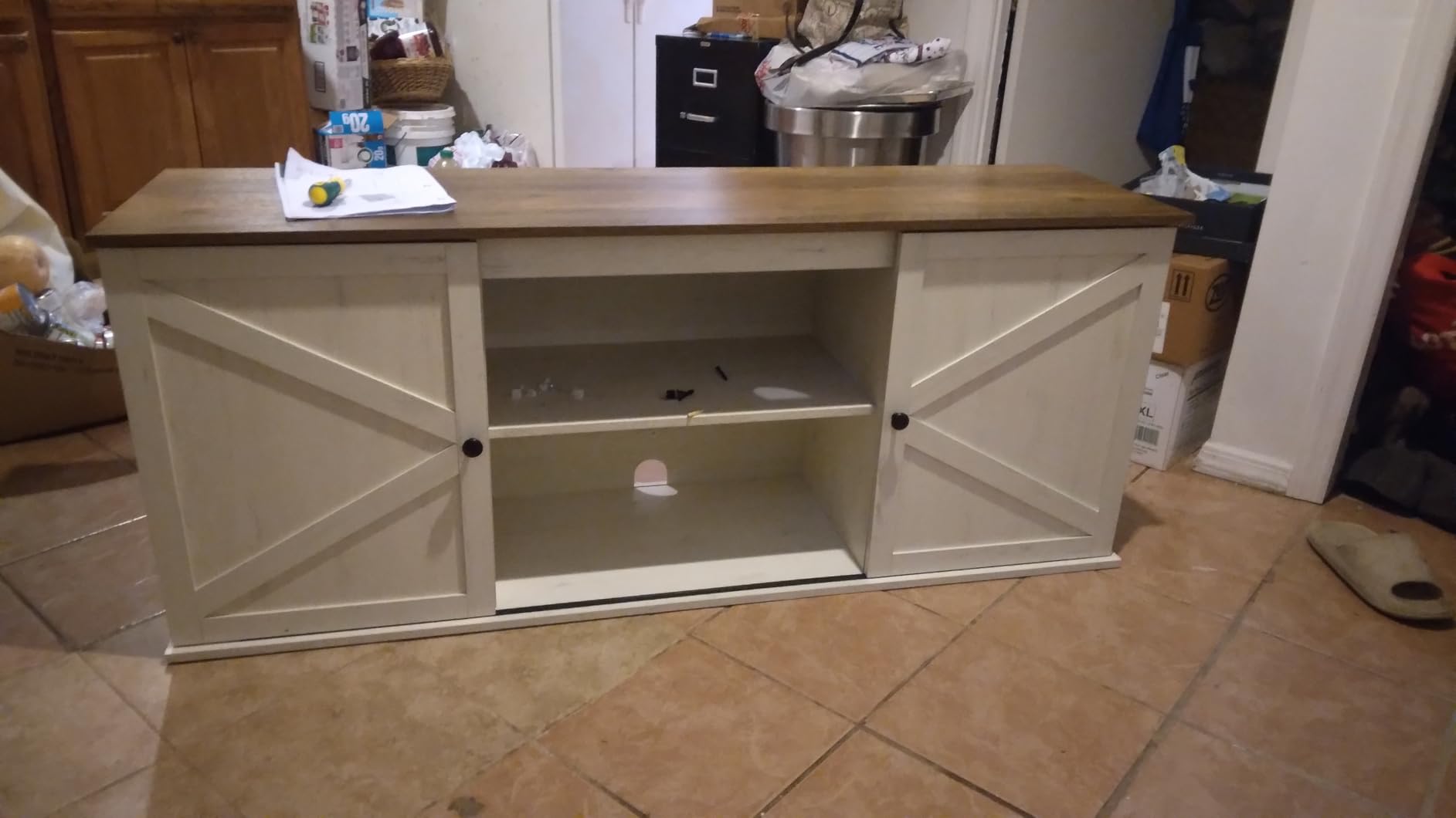 VASAGLE Farmhouse TV Stand for TVs up to 65 Inches, Entertainment Center with Storage Cabinets and Sliding Barn Doors, Media Console Table for Living Room, Rustic White and Honey Brown ULT535W01 customer photo 1