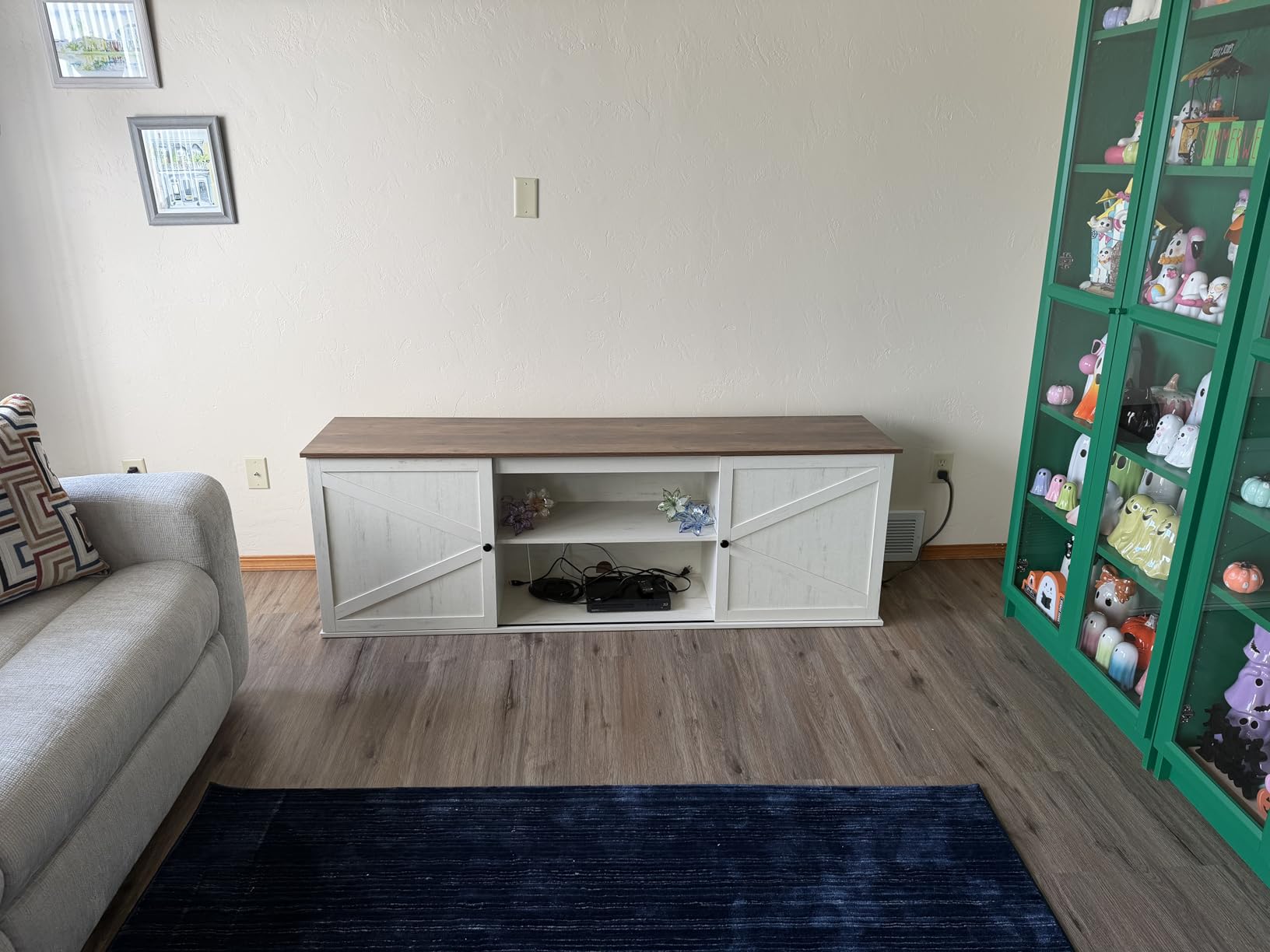 VASAGLE Farmhouse TV Stand for TVs up to 65 Inches, Entertainment Center with Storage Cabinets and Sliding Barn Doors, Media Console Table for Living Room, Rustic White and Honey Brown ULT535W01 customer photo 2