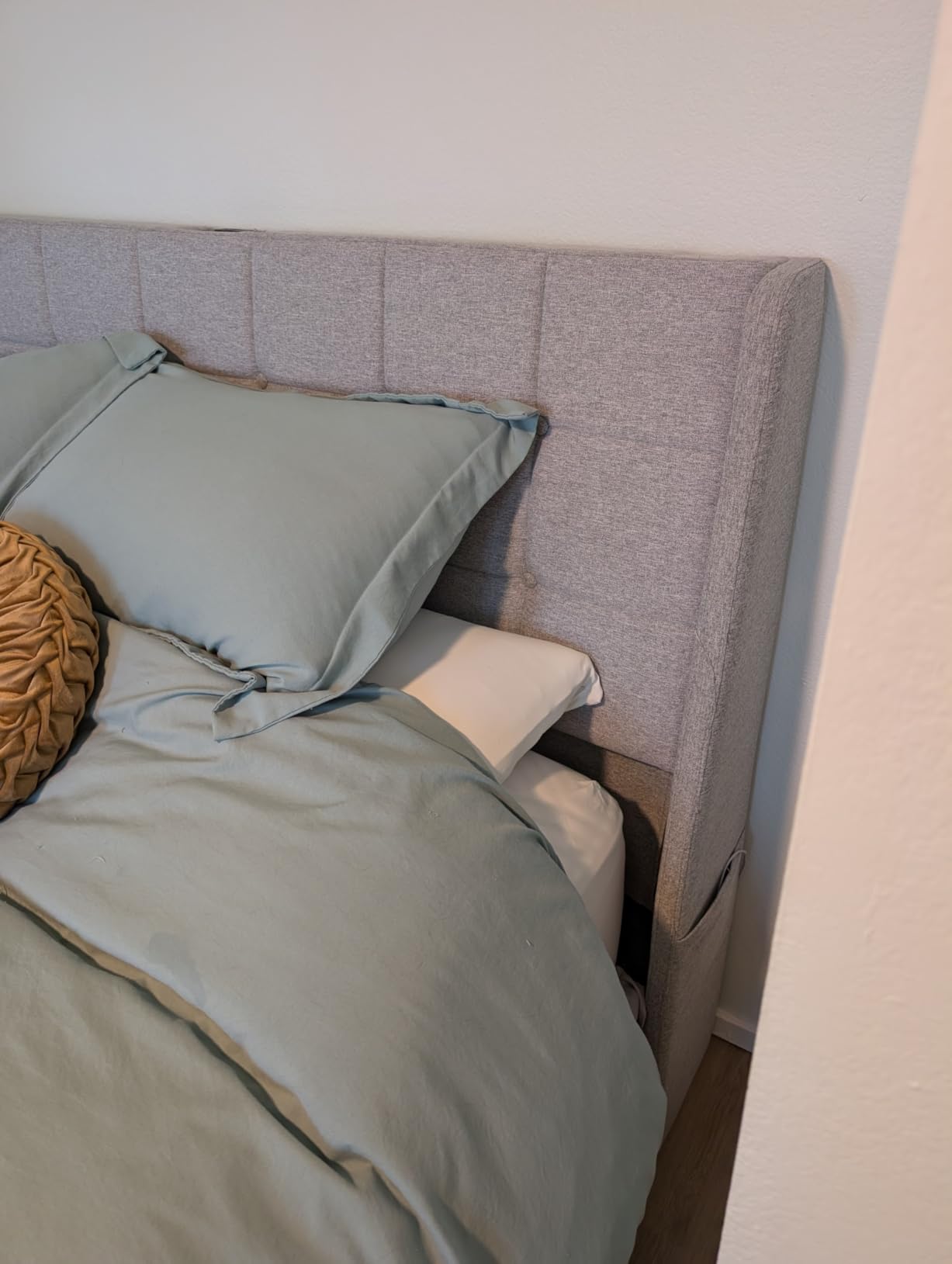 Ergonomic Upholstered Headboard Queen Size w/Charging Station, Linen Wingback Headboards w/Storage Pocket, Queen Headboard Only, Bed Frame Adapters, Sturdy Stable Solid Wood Bed Head Board, Light Grey customer photo 1