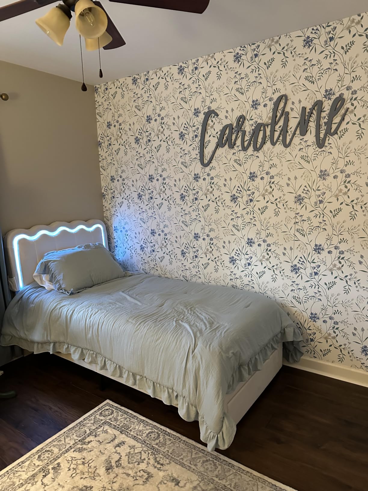 Twin Upholstered LED Bed Frame with Storage Drawer and Adjustable Chic Double Wavy Headboard, Velvet Princess Platform Bed for Girls/Kids, Solid Wood Slats Support, No Box Spring Needed, Pink customer photo 2