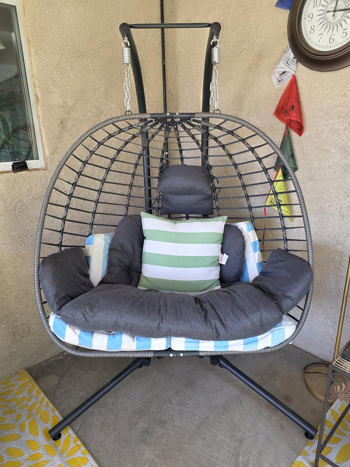 SWITTE Double Egg Swing Chair with Stand, Outdoor Patio 2 Person Hanging Wicker Hammock Chairs with Cushion for Indoor Bedroom, Lawn, Garden-Dark Grey customer photo 2