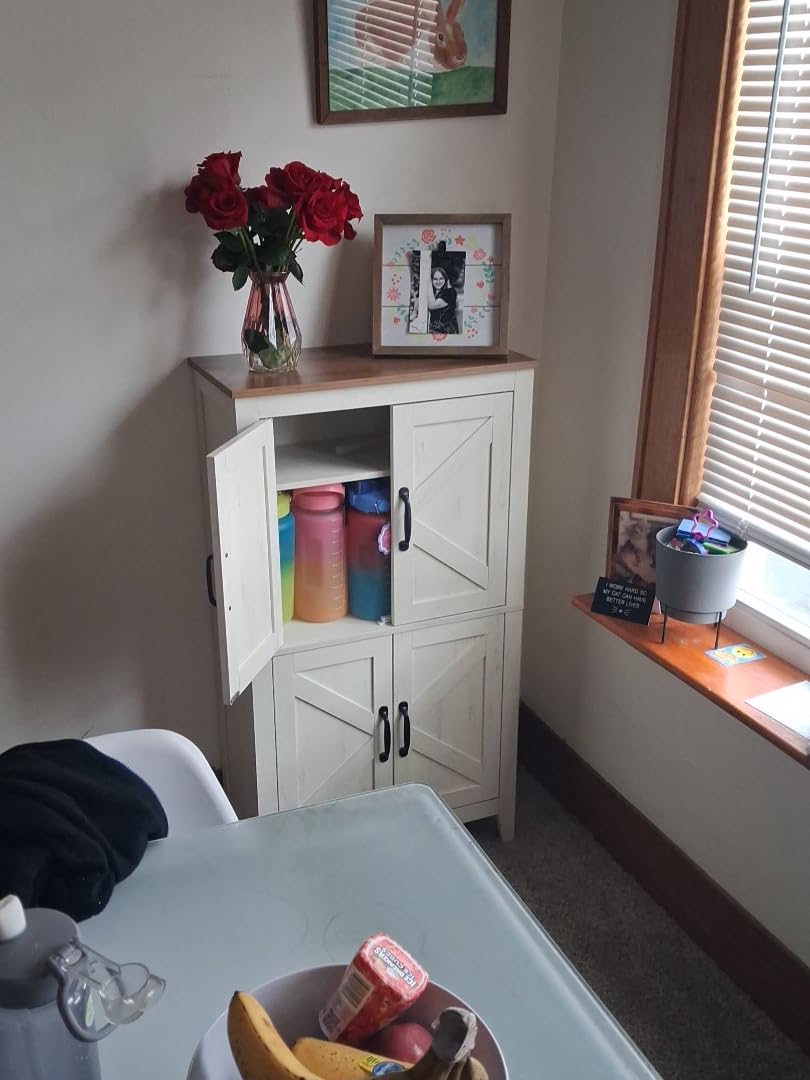 VASAGLE Farmhouse Storage Cabinet with 4 Barn Doors, Adjustable Shelves - Freestanding Kitchen Pantry, Bathroom Floor Cabinet, Dining Room, Living Room, Rustic White, LIRY Collection customer photo 1