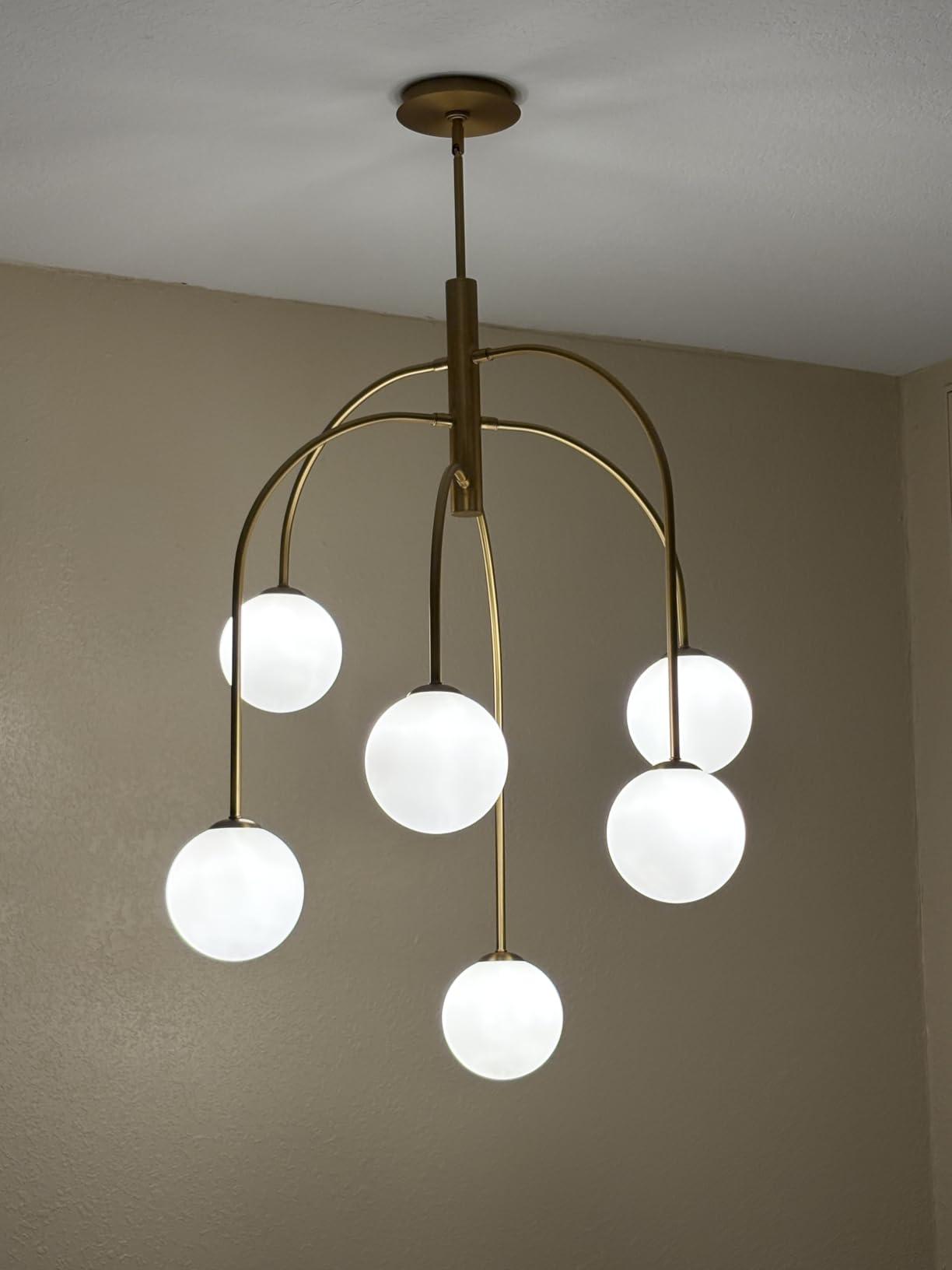 LamQee 4 Lights Mid Century Modern Chandelier, Milk Glass Globe Chandelier Light Fixture with Gold Metal & White Ball, Large Pendant Lighting Ceiling Hanging for Dining Room Kitchen Island Entryway customer photo 2