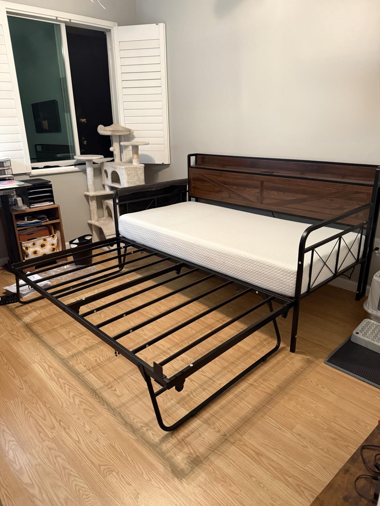 LIKIMIO Twin Daybed, Daybeds with Pop Up Trundle, Storage Headboard with Charging Station, Strong Supports for Apartment and Other Small Space, Industrial Brown customer photo 1