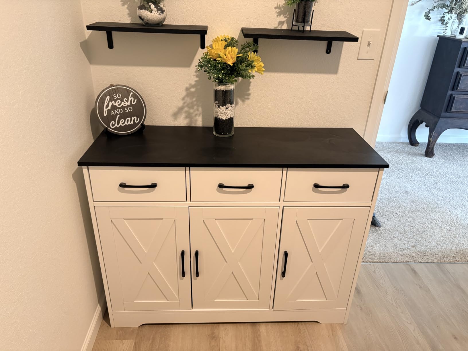 HOSTACK Kitchen Buffet Cabinet with Storage, Sideboard Coffee Bar, Black | Farmhouse Kitchen Storage Cabinet with 3 Drawers & Adjustable Shelf & Doors, 42.5