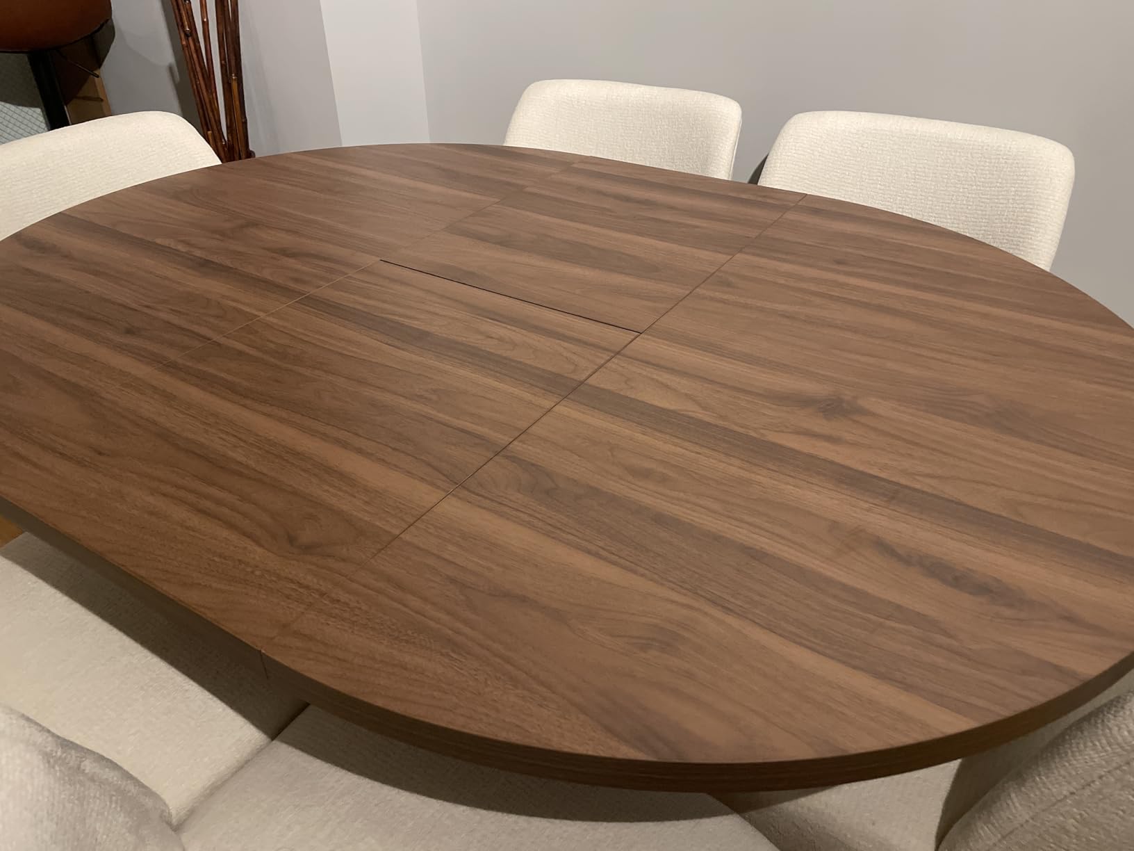 43.3in-59in Extendable Round Dining Table for 4-8,Modern Kitchen Oval Dining Table with Removable Leaves Space Saving,Wood Base with Storage Shelf for Kitchen Living Room (Walnut) customer photo 2