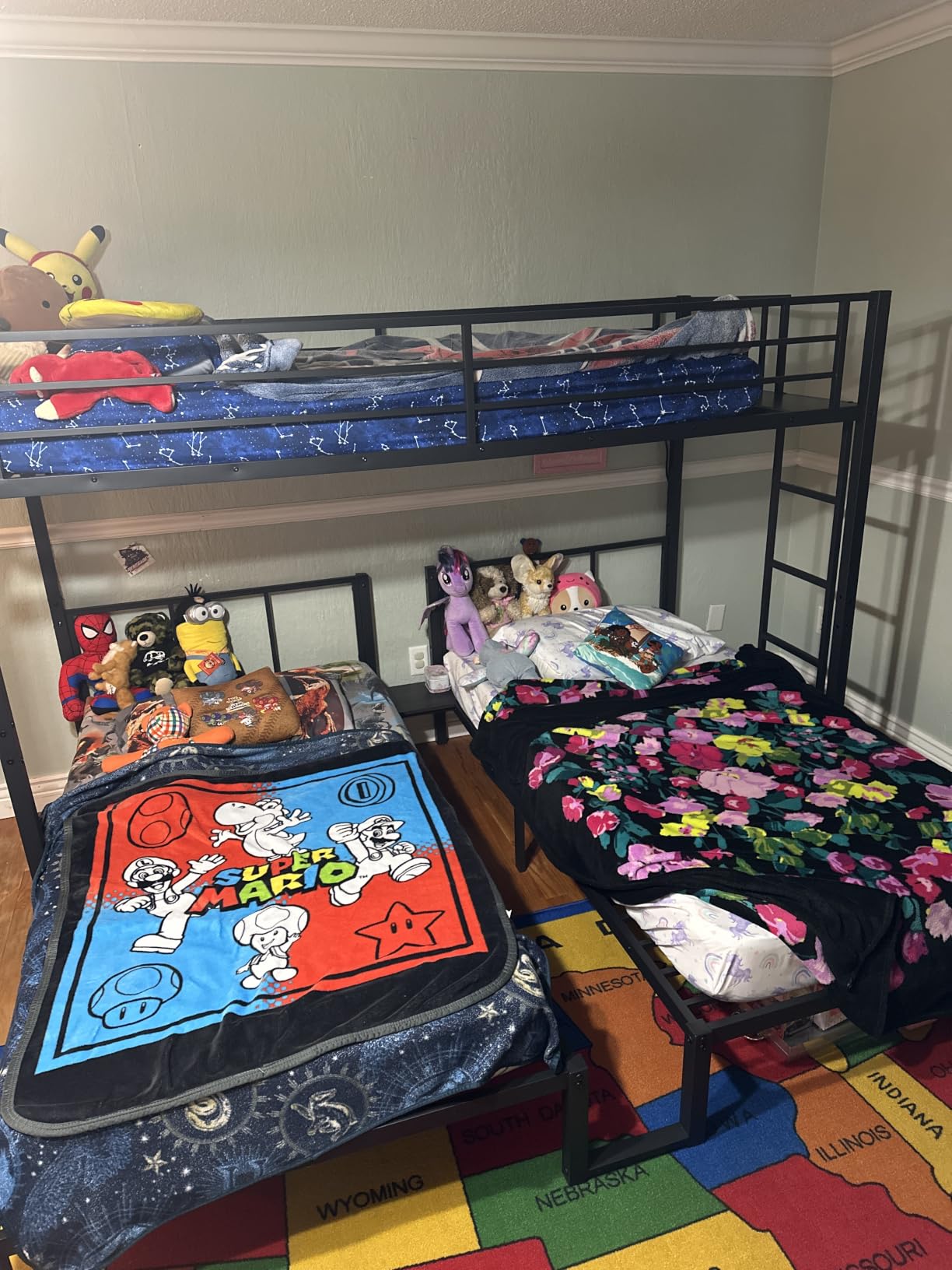 Twin XL Over Twin Over Twin Convertible Bunk Bed with LED, Metal Triple Bunk Bed for 3 Kids with Charge Station and Guardrails and Ladder, Heavy Duty Triple Bunk Bed Frame for Kids, Black customer photo 1