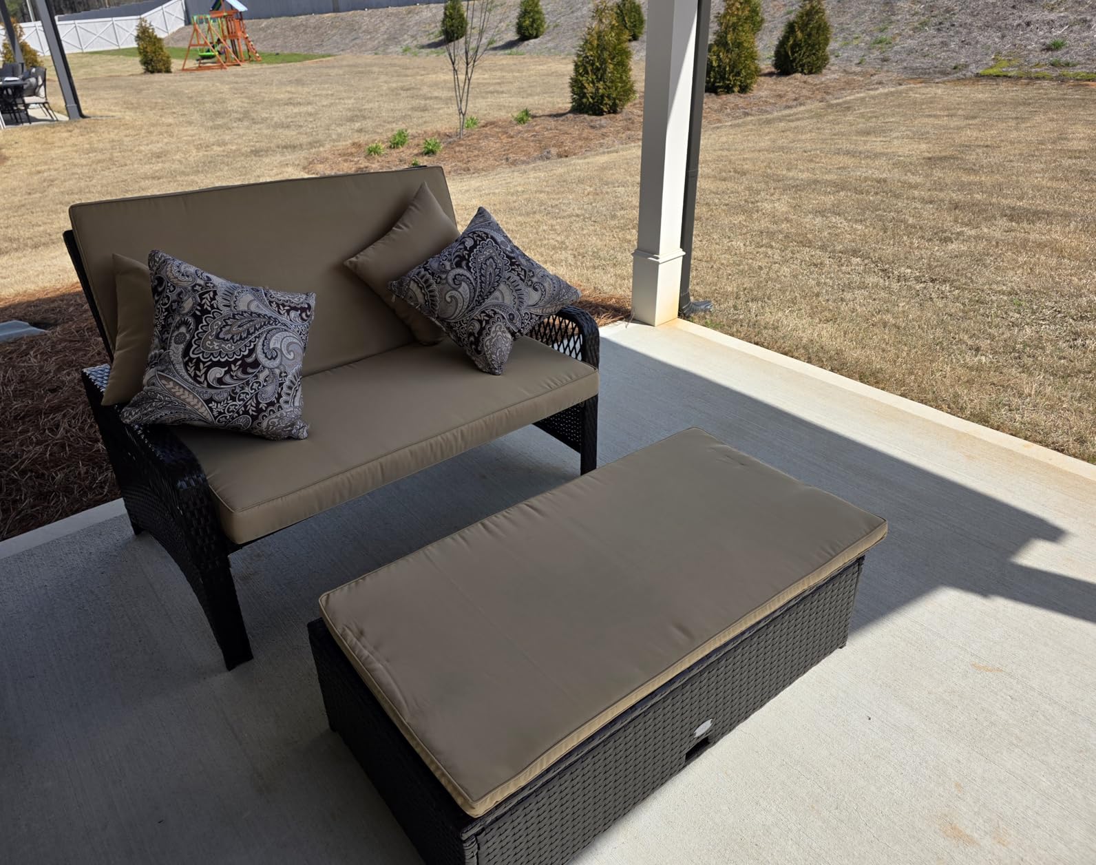 Moccha Outdoor Daybed, PE Rattan Double Chaise Lounge w/ 4-Level Adjustable Back, Storage Ottoman, Cushions & Pillows, Separated Seating, Wicker Sunbed for Garden Patio Furniture Set (Beige) customer photo 1