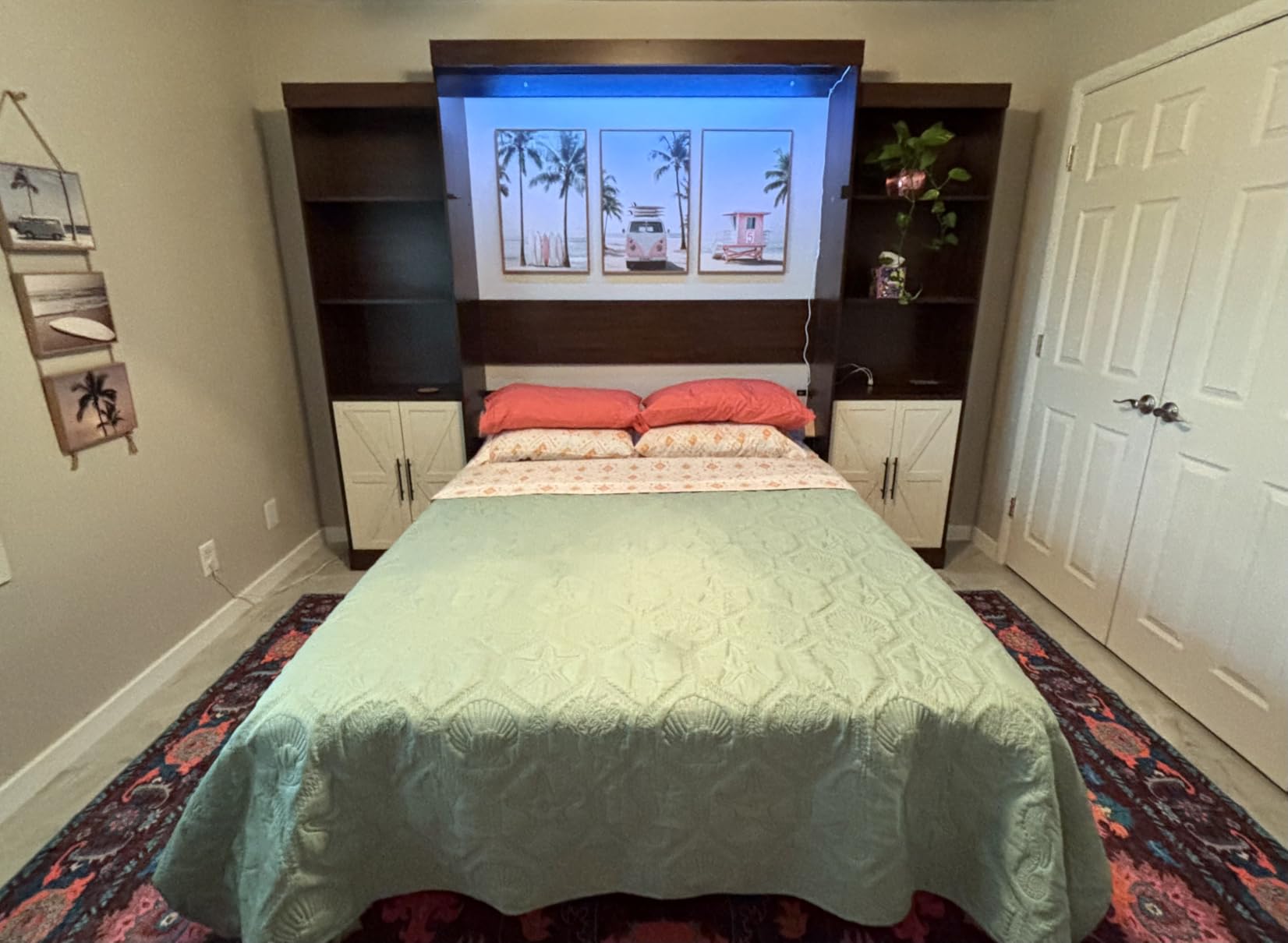 Hlivelood Queen Size Murphy Bed with 2 LED Lights, Farmhouse Wood Hidden Foldable Wall Bed Frame w/Gas Struts, Storage Bed Cabinet for Bedroom, Office, Space-Saving, No Box Spring Needed, Rustic White customer photo 2
