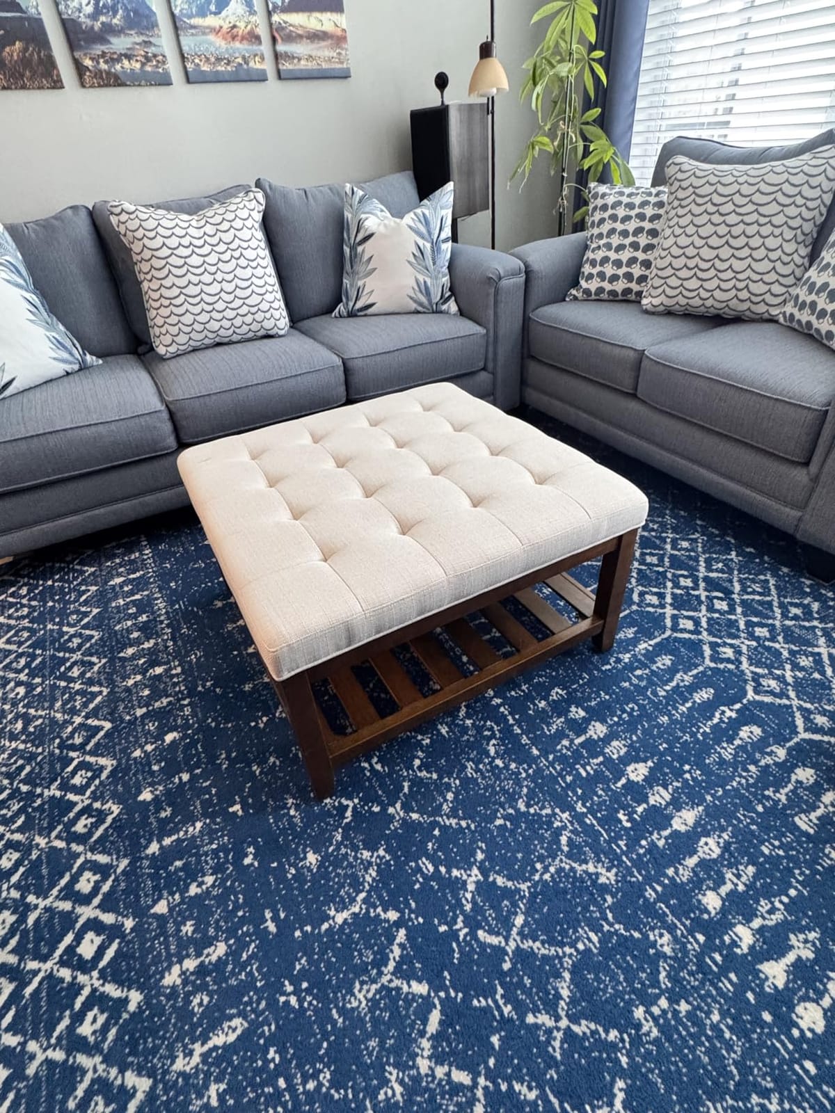 Large Square Ottoman Coffee Table, Linen Solid Upholstered Footrest Ottoman with Solid Wood Shelf Storage Tufted Coffee Table for Bedroom Living Room, Ivory customer photo 2