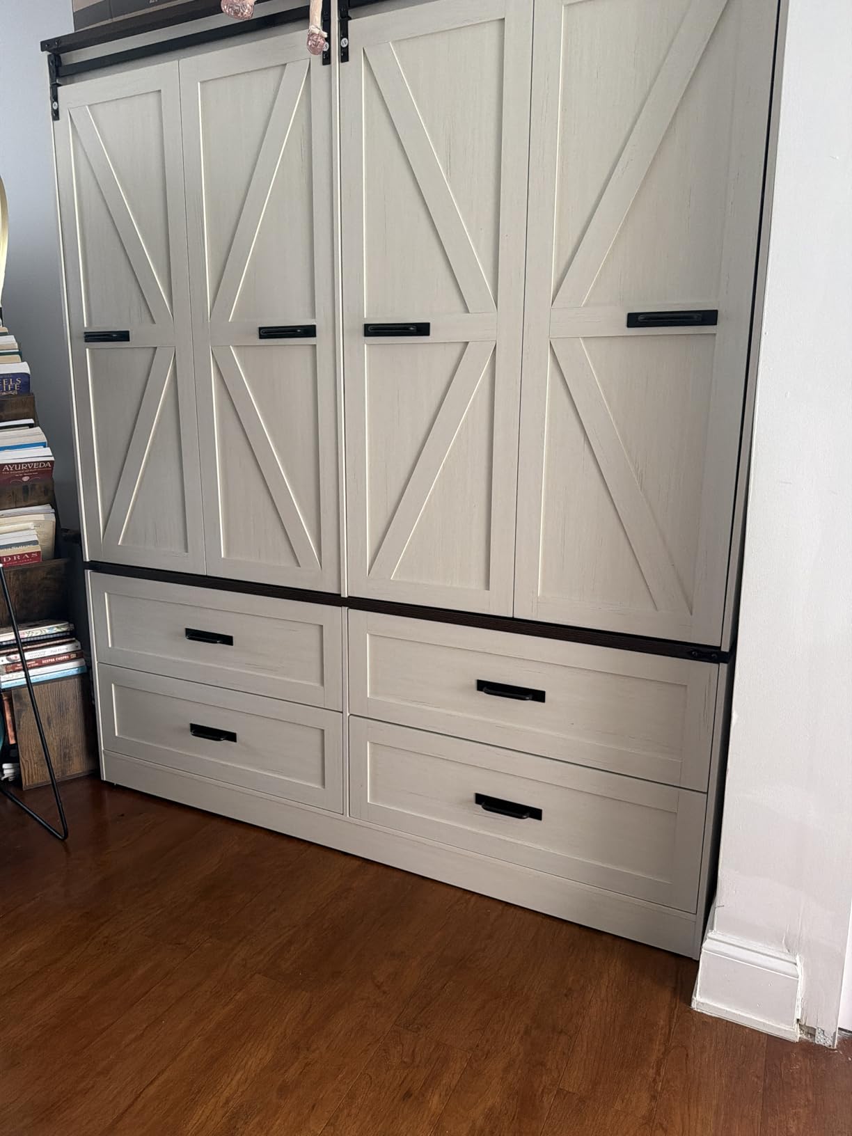 Farmhouse 4 Doors Armoire Wardrobe Closet w/ Folding Sliding Barn Door and Lights, LED Armoire Closet customer photo 1