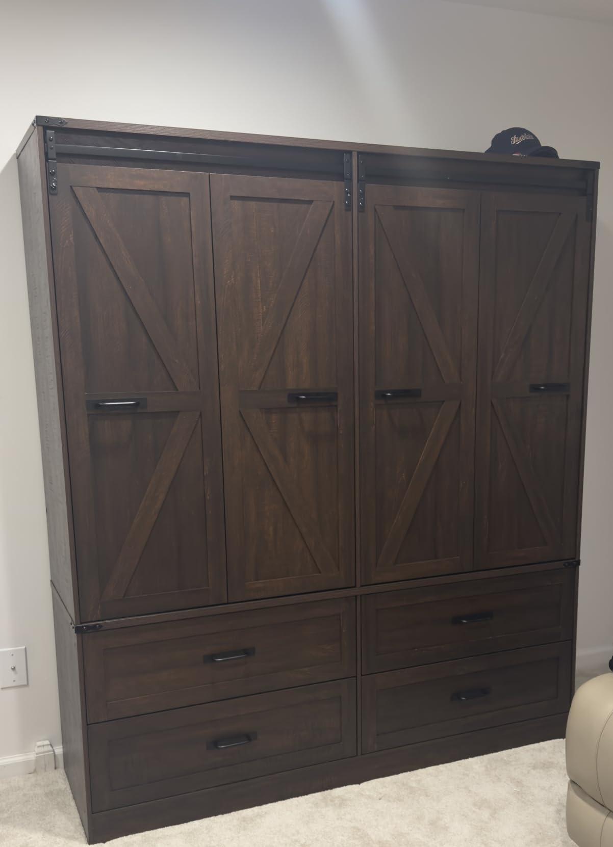 Farmhouse 4 Doors Armoire Wardrobe Closet w/ Folding Sliding Barn Door and Lights, LED Armoire Closet customer photo 2