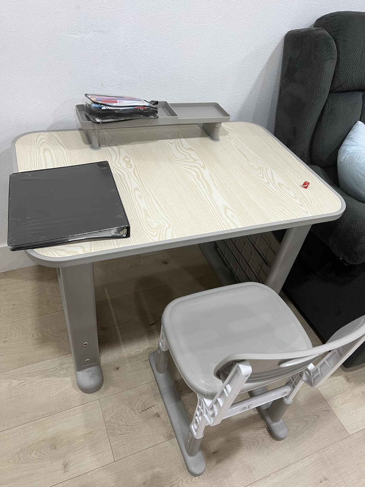GITAWUSA Kids Desk and Chair Set, Height Adjustable Childrens Study Desk, Graffiti Table for 3-12 Years, Kids Art Table with Side Bookshelf and Storage, Multi-Functional for Bedroom & Study Room (Grey) customer photo 2