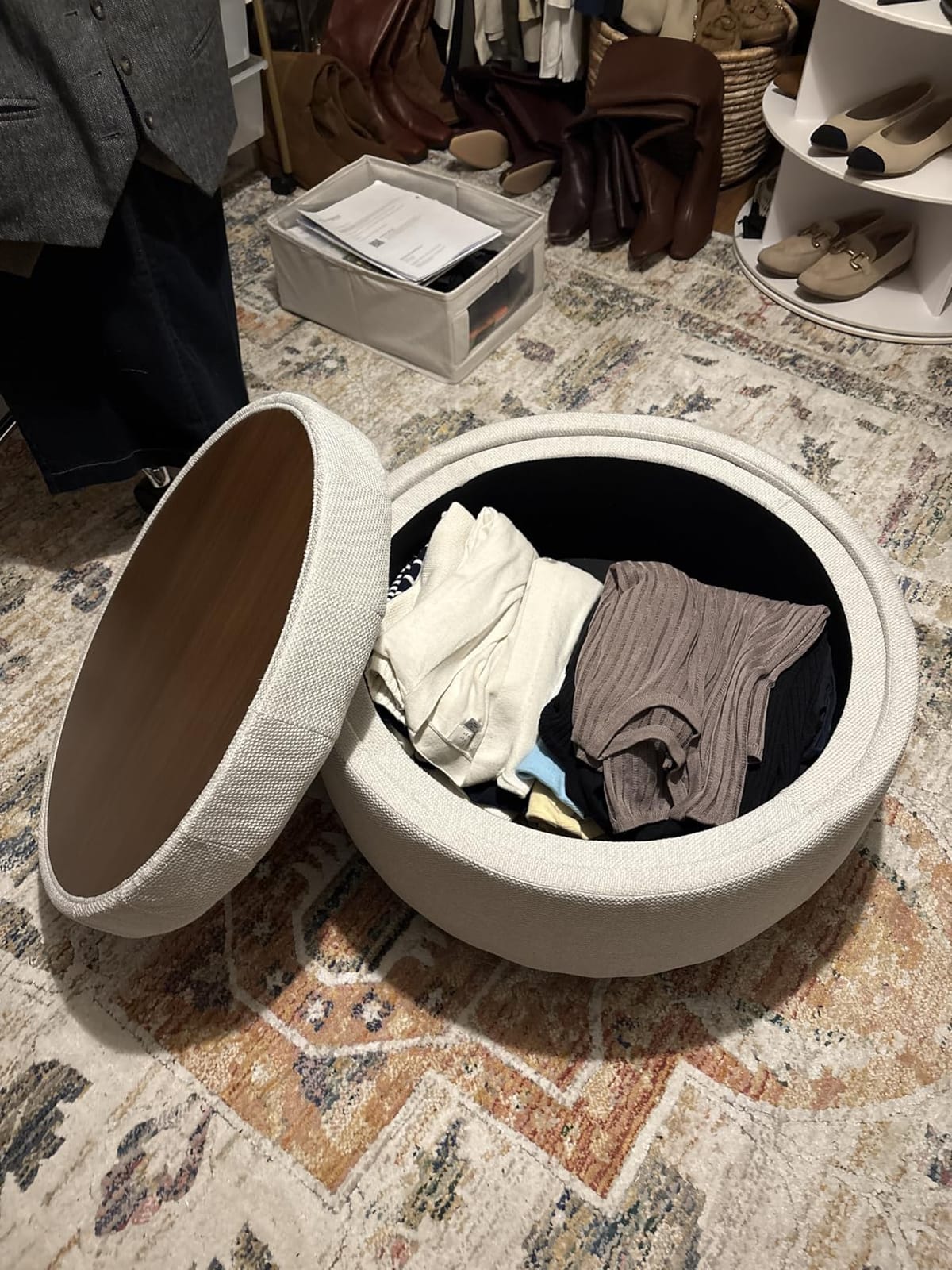 COLAMY Fabric Round Storage Ottoman with Reversible Tray Lid - Multi-Functional Footrest, Hidden Storage, Sturdy & Stylish Small Coffee Table for Living Room, Bedroom, or Entryway(Beige) customer photo 1