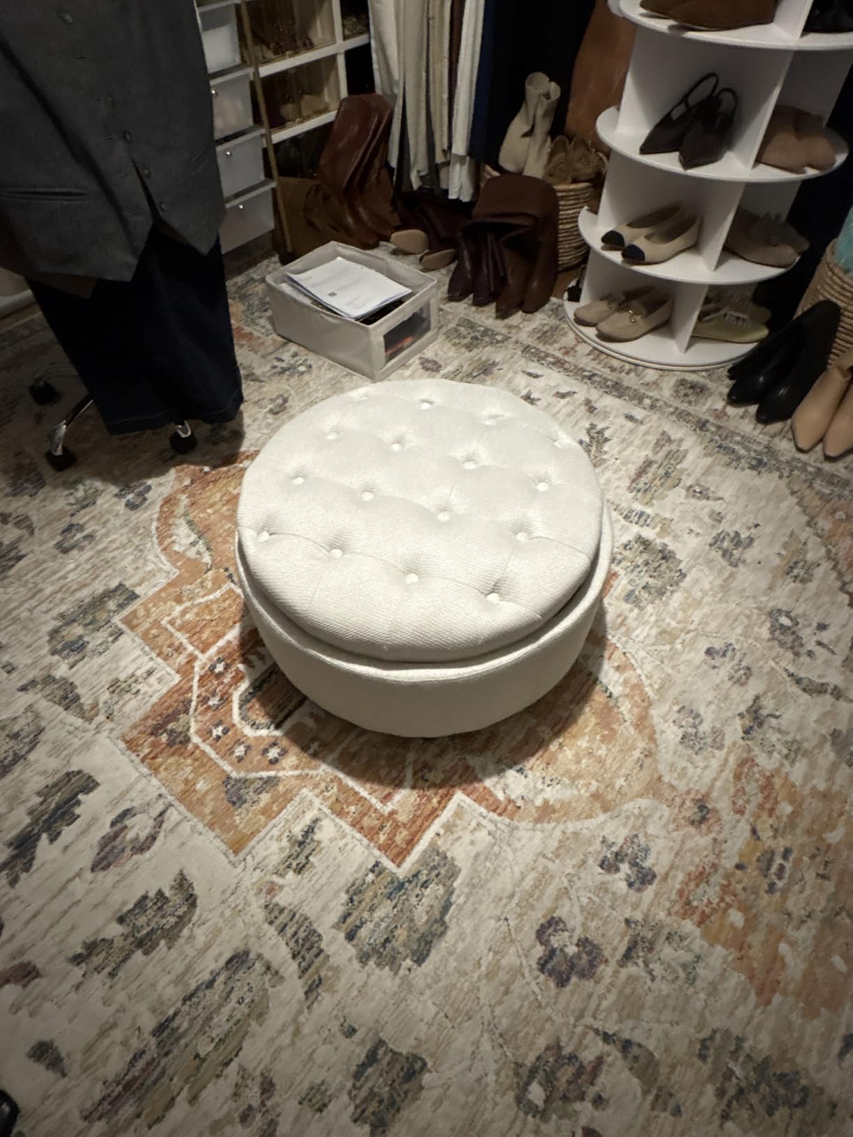COLAMY Fabric Round Storage Ottoman with Reversible Tray Lid - Multi-Functional Footrest, Hidden Storage, Sturdy & Stylish Small Coffee Table for Living Room, Bedroom, or Entryway(Beige) customer photo 2