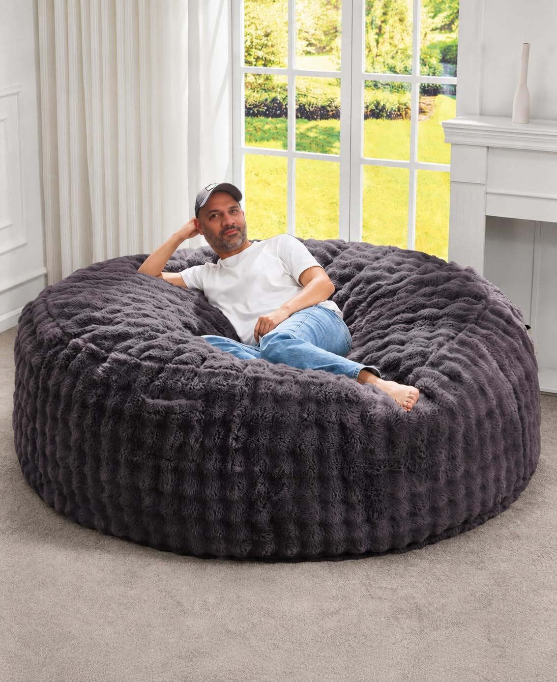 Hobestluk Adults Bean Bag Chair 5FT Big BeanBag Chair Giant Large Oversized | Memory Foam, Washable Cover, Unique Fluffy Bubble, Comfy BeanBag with Filling Lounging Gaming Bedroom LivingRoom | Dark Grey 5FT customer photo 2