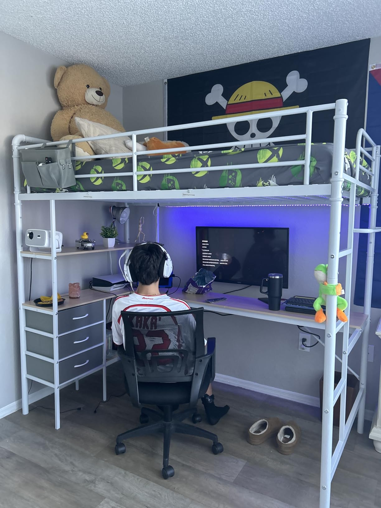 Twin Size Loft Bed with L-Shaped Desk, LED Lights, Charging Station, Industrial Heavy Duty Metal Loft Bed Frame with 3 Storage Shelves and 3 Fabric Drawers, Safety Guard & Ladder, Vintage Brown customer photo 1