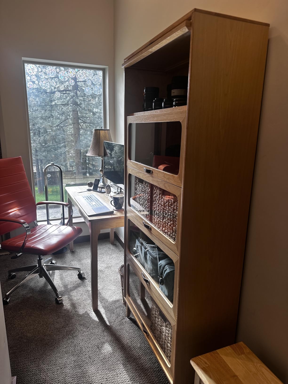 Solid Wood Book Case 5 Tier Bookcase with Tempered Clear Glass Flip-Up Doors Bookshelves Brown natural wood Bookshelf Versatile Pantry Cabinet with Storage Home Office (log color D14xW32xH72 inch) customer photo 2