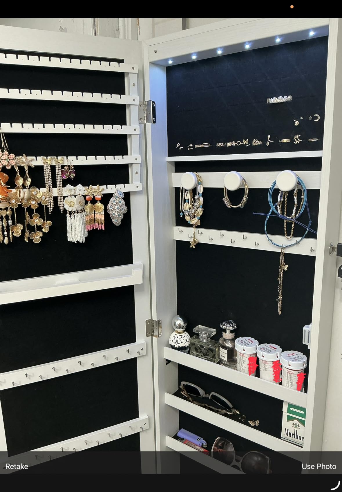 DUMOS 6 LEDs Mirror Jewelry Cabinet, Wall or Door Mounted Jewelry Organizer, 47.2-Inch Tall Lockable Large Capacity Cosmetic Storage, Gift Idea, White customer photo 2