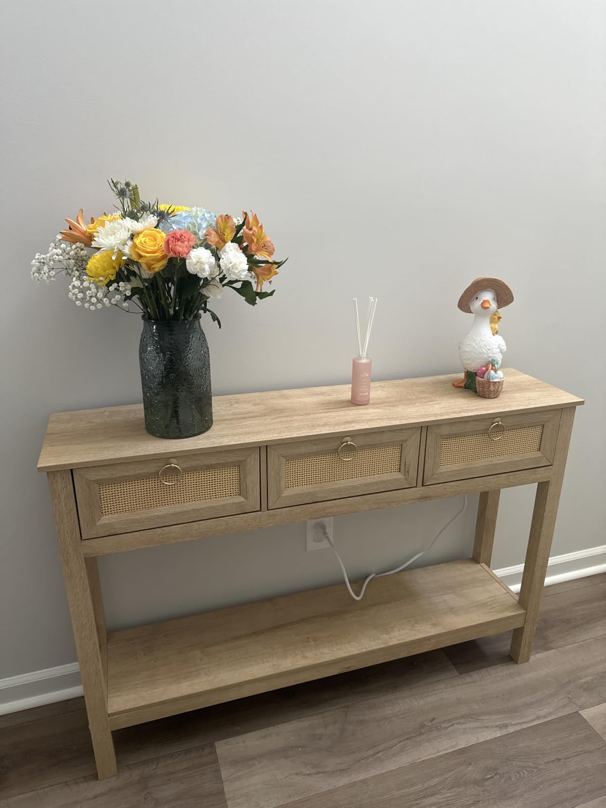 SUPERJARE Rattan Console Sofa Table with Outlets, USB-C Port and 3 Drawers | Entryway Table with Synthetic Rattan Surface, Open Shelf, Behind Couch Entry Foyer Hallway Storage, Natural customer photo 1