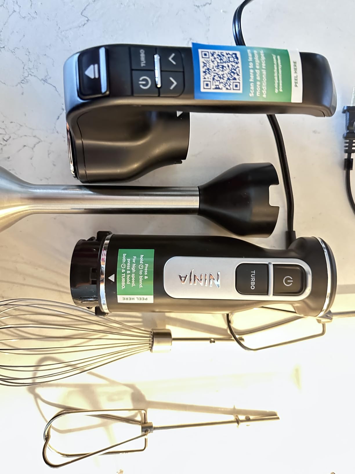 Ninja Immersion Blender & Whisk, 4 Speeds, 4oz Cup, Deep Navy, CI201ND | SplatterShield & PanProtect for mess-free blending. 4 speeds, 4-cup blending vessel, dishwasher safe, 5-ft cord. customer photo 2