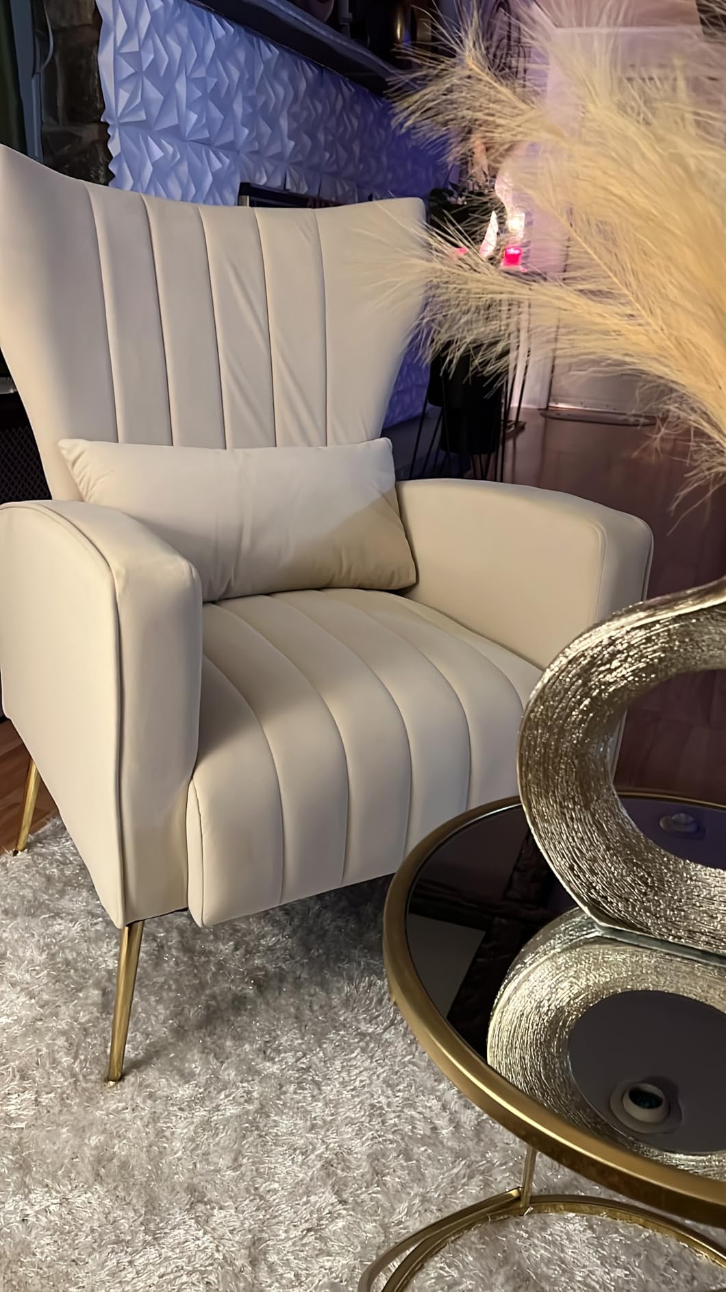 Velvet Accent Chair Set of 2, Wingback Armchair for Living Room, High Back Reading Chair with Golden Legs Lumbar Pillow, Upholstered Single Sofa Comfy for Bedroom, Apartment, Small Spaces Beige customer photo 2