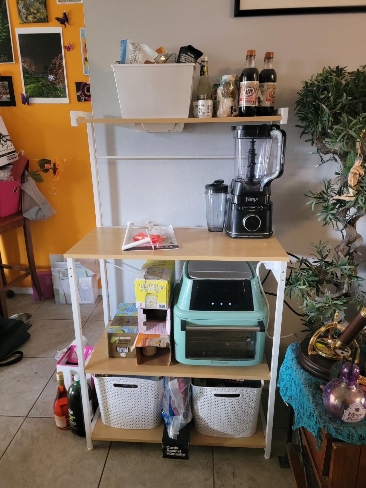 VASAGLE 4-Tier Kitchen Bakers Rack with Power Outlet, 23.6-Inch Wide | Microwave Stand, Coffee Bar, with 8 S Hooks, Adjustable Shelf, Rustic Brown and Ink Black, BARNET Collection UKKS014K01V1 customer photo 1