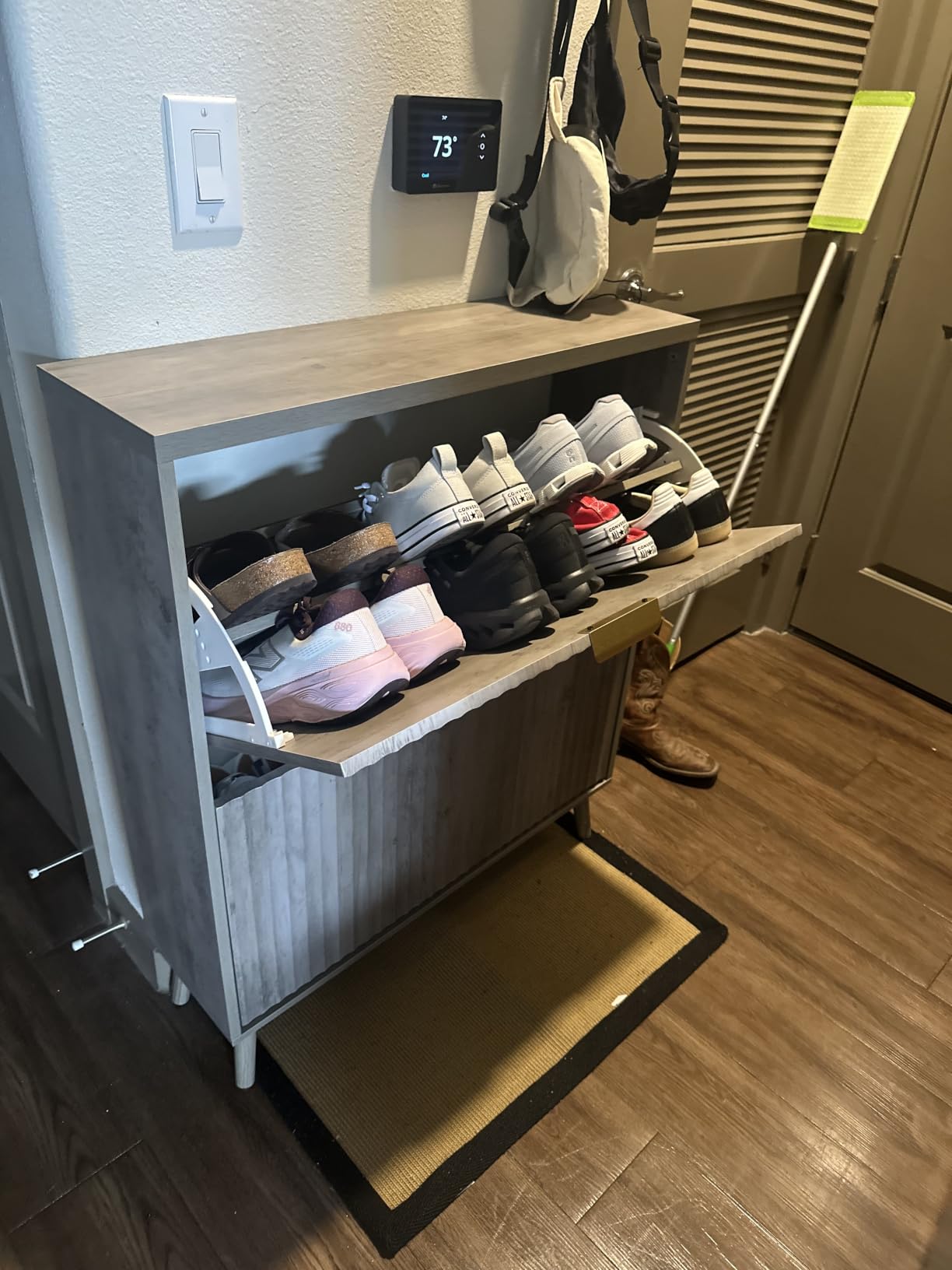 Shoe Cabinet Storage, Modern Freestanding Organizer with 2 Flip Drawers, Narrow Shoe Rack for Entryway, Walnut customer photo 1