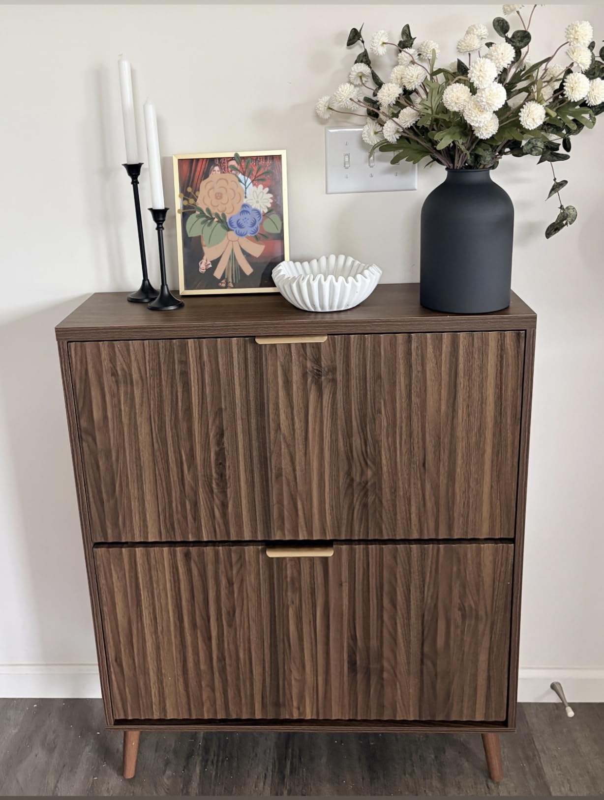 Shoe Cabinet Storage, Modern Freestanding Organizer with 2 Flip Drawers, Narrow Shoe Rack for Entryway, Walnut customer photo 2