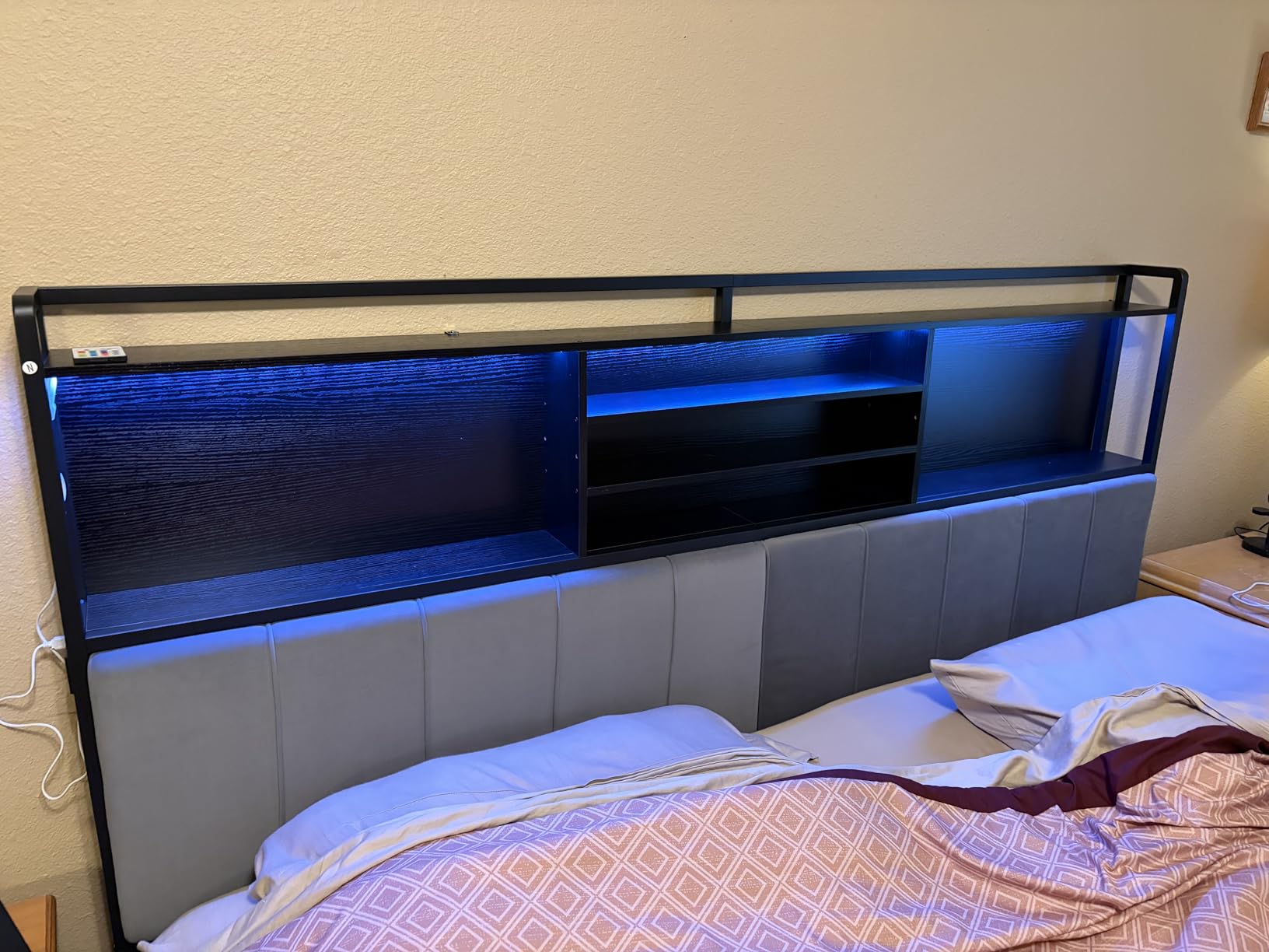 Hzuaneri Headboard with 3-Tier Storage Shelves, Velvet Upholstered Head Board with 2 Outlets, USB Ports & LED Light, Soft Backrest for Queen Size Bed, Black BH15204B customer photo 2