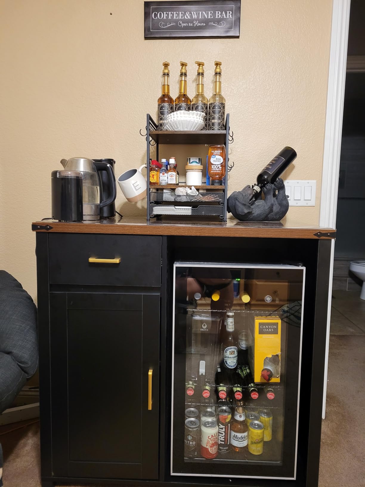 GDLF Coffee Bar Cabinet with Fridge Space, Mini Fridge Stand, Black | Compact Refrigerator Stand, Large Drawer & Cabinet, Black Finish with Warm Brown Top for Kitchen, Office, Dorm & Snack Bar customer photo 2
