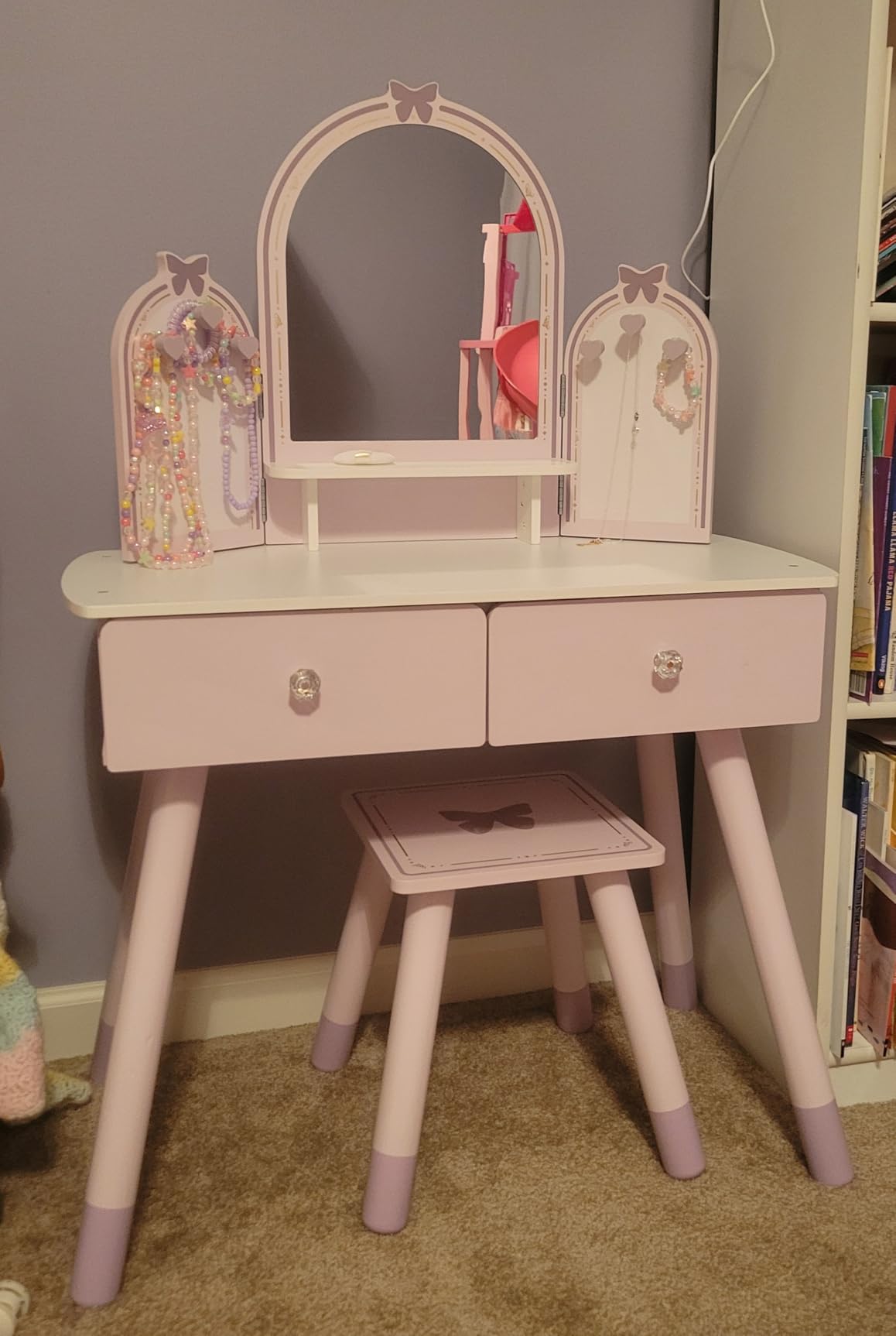 ROBOTIME Purple Kids Vanity Set with Mirror, Chair and Drawers for Girl | Butterfly vanity for pretend play, builds confidence through dress-up role-play, gift for ages 3+ customer photo 1