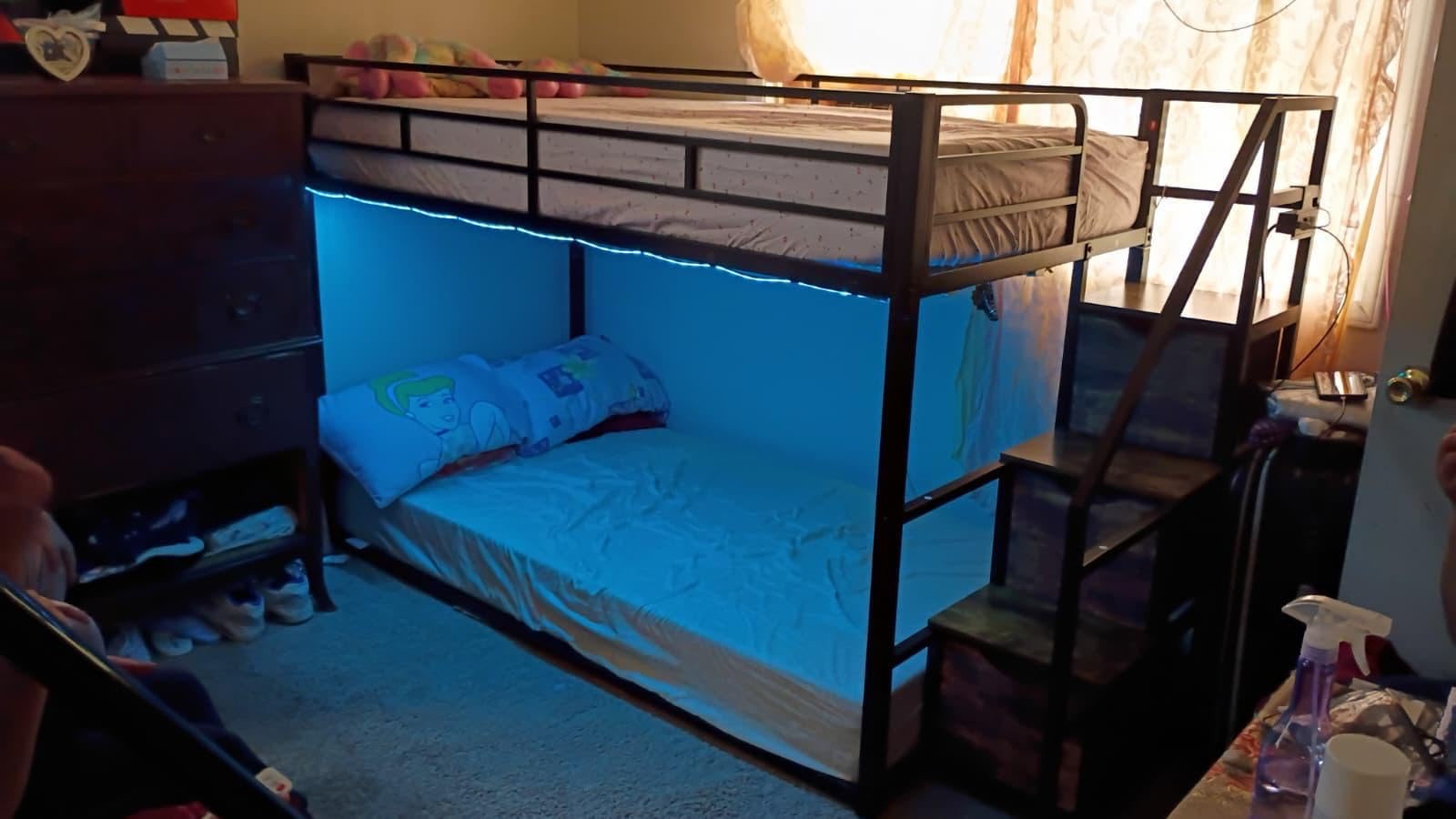 ADORNEVE Low Bunk Bed Twin Over Twin with Storage Staircase, Drawers & Shelves, RGB LED Lights Metal Floor Bunk with Power Outlet, Full-Length Guardrail & Metal Slats, for Small Space, Kids, Black customer photo 1