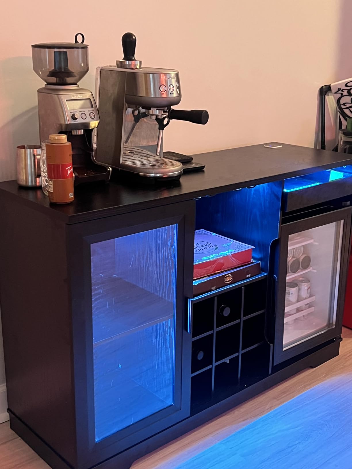 BROTTAR Large Coffee Bar Cabinet with Fridge (Fridge Included) | Liquor Wine Bar Cabinet with LED Lights, Glass Holder, Wine Rack, Human Body Sensor, Buffet Sideboard for Home, Black customer photo 2