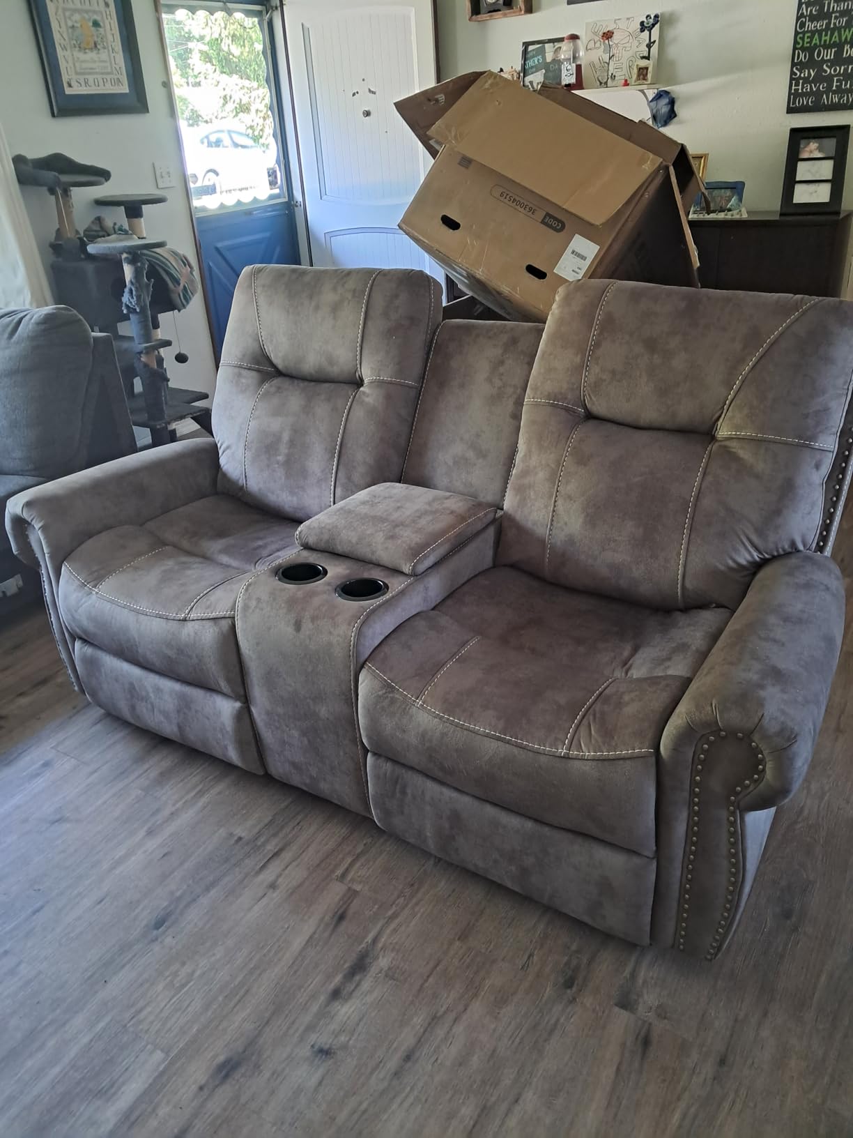 Manual Recliner Loveseat Sofa, 2 Seater Reclining Couch Chair with Center Console, Hidden Storage and Cup Holders, Vintage Rivet Mid-Century Design for Living Room, Meeting Room, Brown customer photo 1