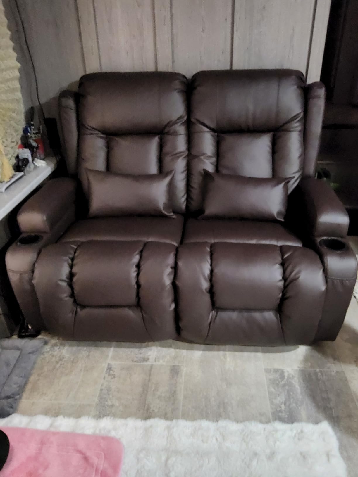 URRED Power Loveseat Recliner Sofa with Massage and Heat，Dark Brown | Wall Hugger Reclining Loveseat with Console, RV Couch Home Theater Seating with LED Lights for Living Room, Faux Leather customer photo 1