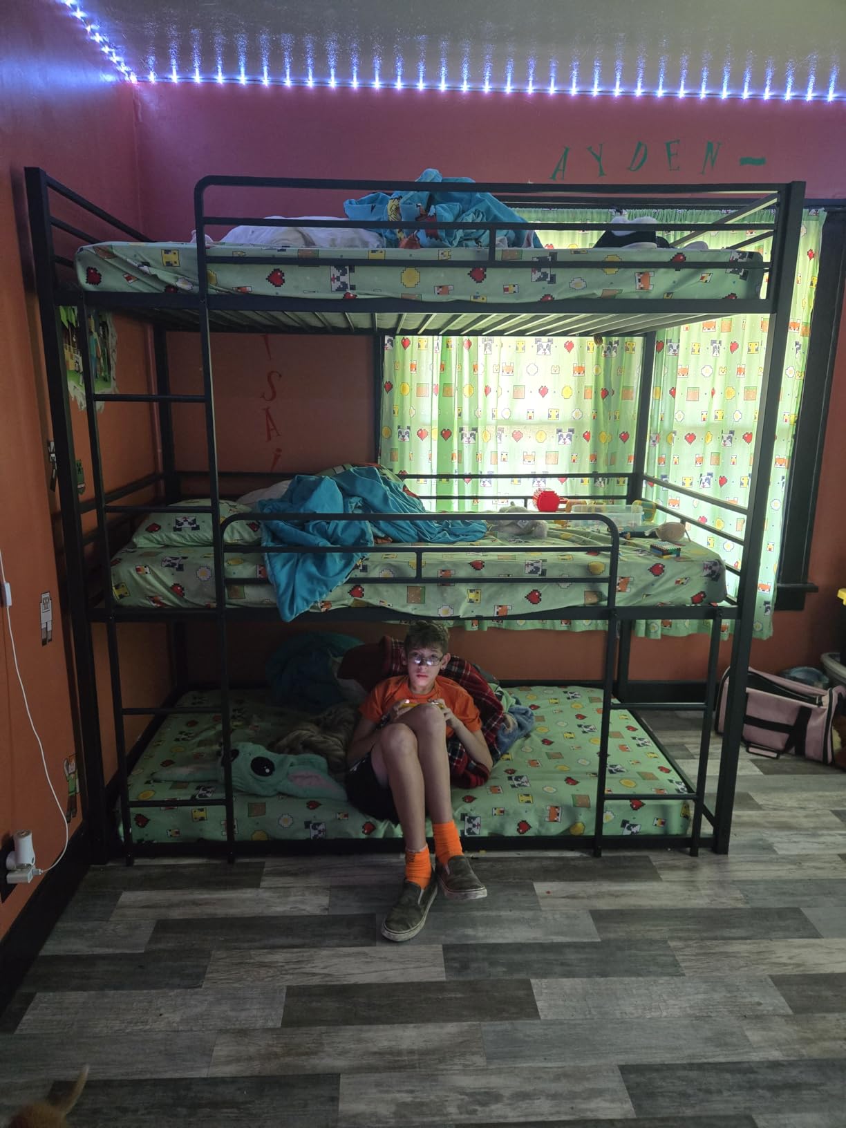 LIKIMIO Twin Over Twin Over Twin Bunk Bed with 2 Ladders | Triple Bunk Bed with Guardrails, Heavy Duty Metal Bunk Bed, Closely Spaced Slats customer photo 2
