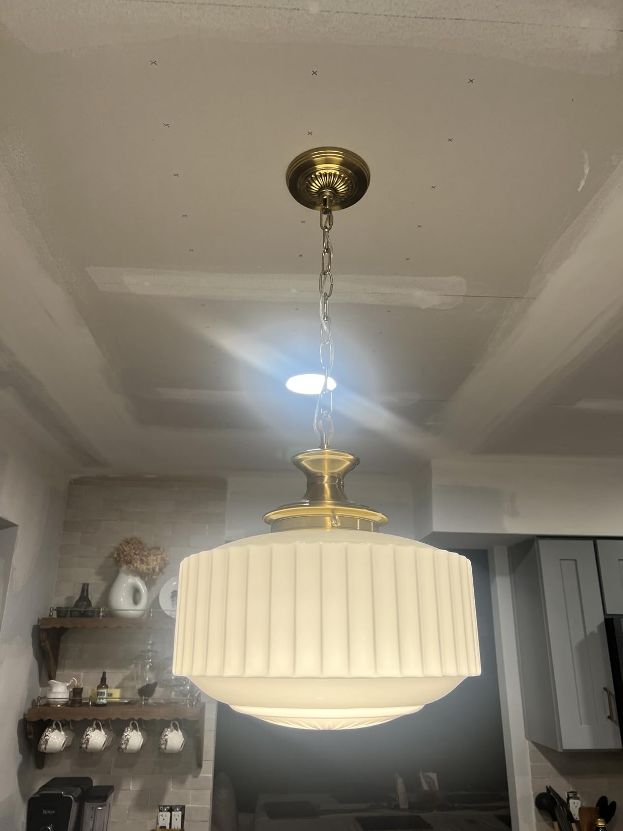Vintage Brass Milk Glass Pendant Light Fixture, 13.8