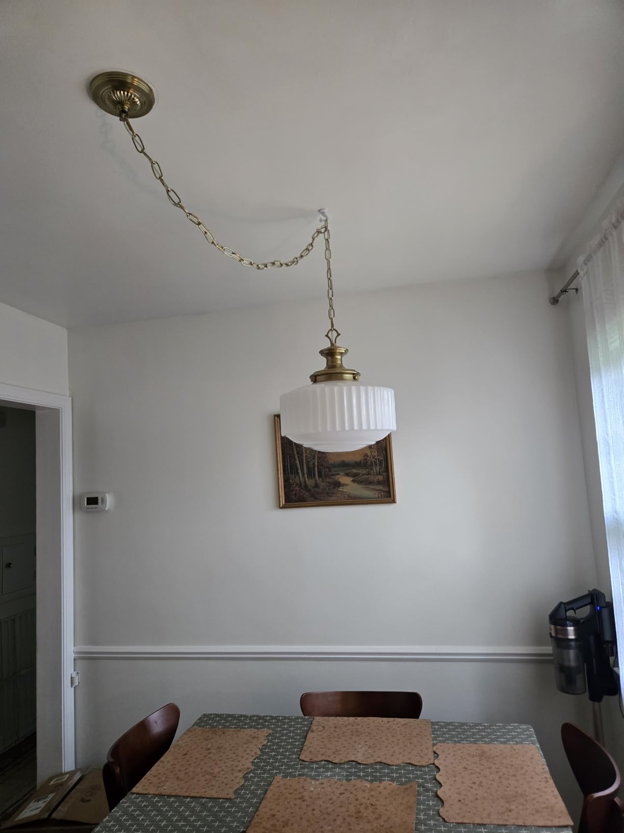 Vintage Brass Milk Glass Pendant Light Fixture, 13.8