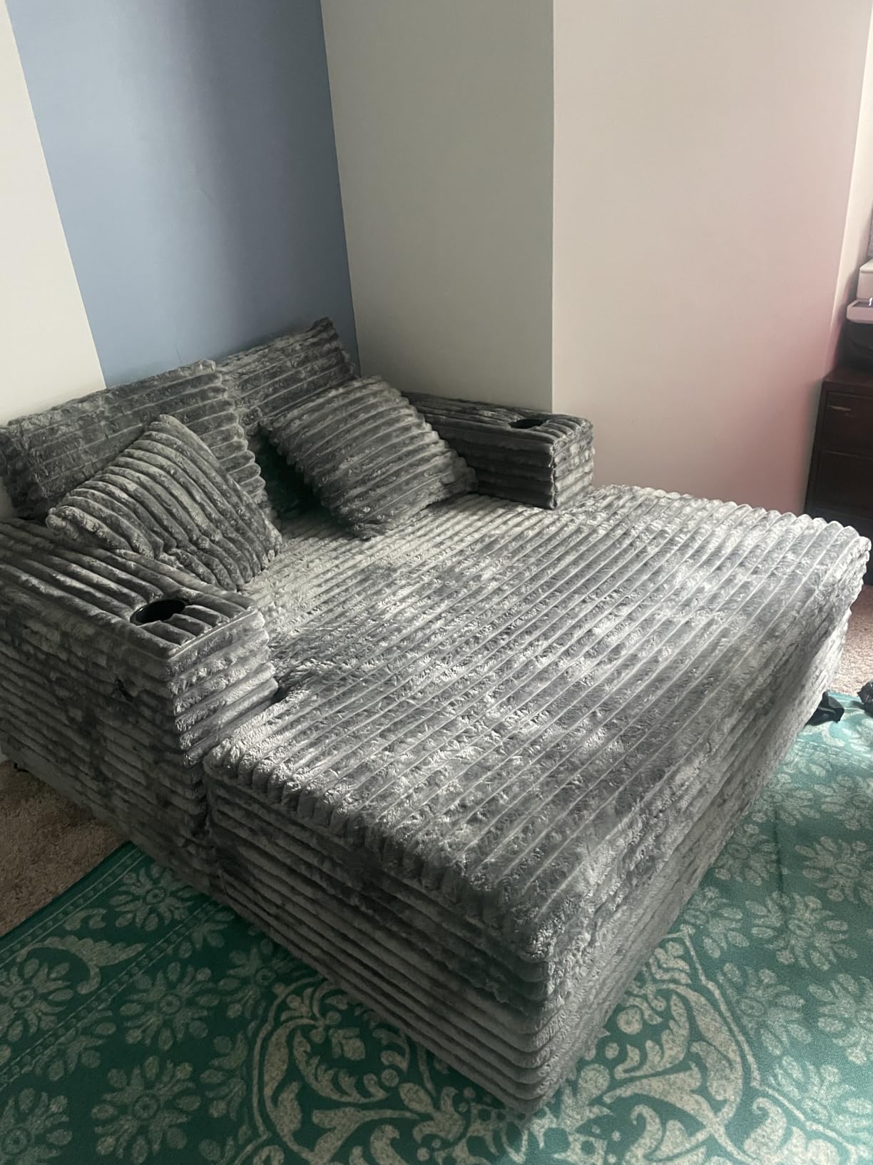 GarveeHome 60-inch Oversized Chaise Lounge Chair Indoor, Comfy Corduroy Lounge Sofa with Charging Station, Cup Holders & Throw Pillows, Cozy Sleeper Couch for Living Room Apartments, Grey customer photo 1