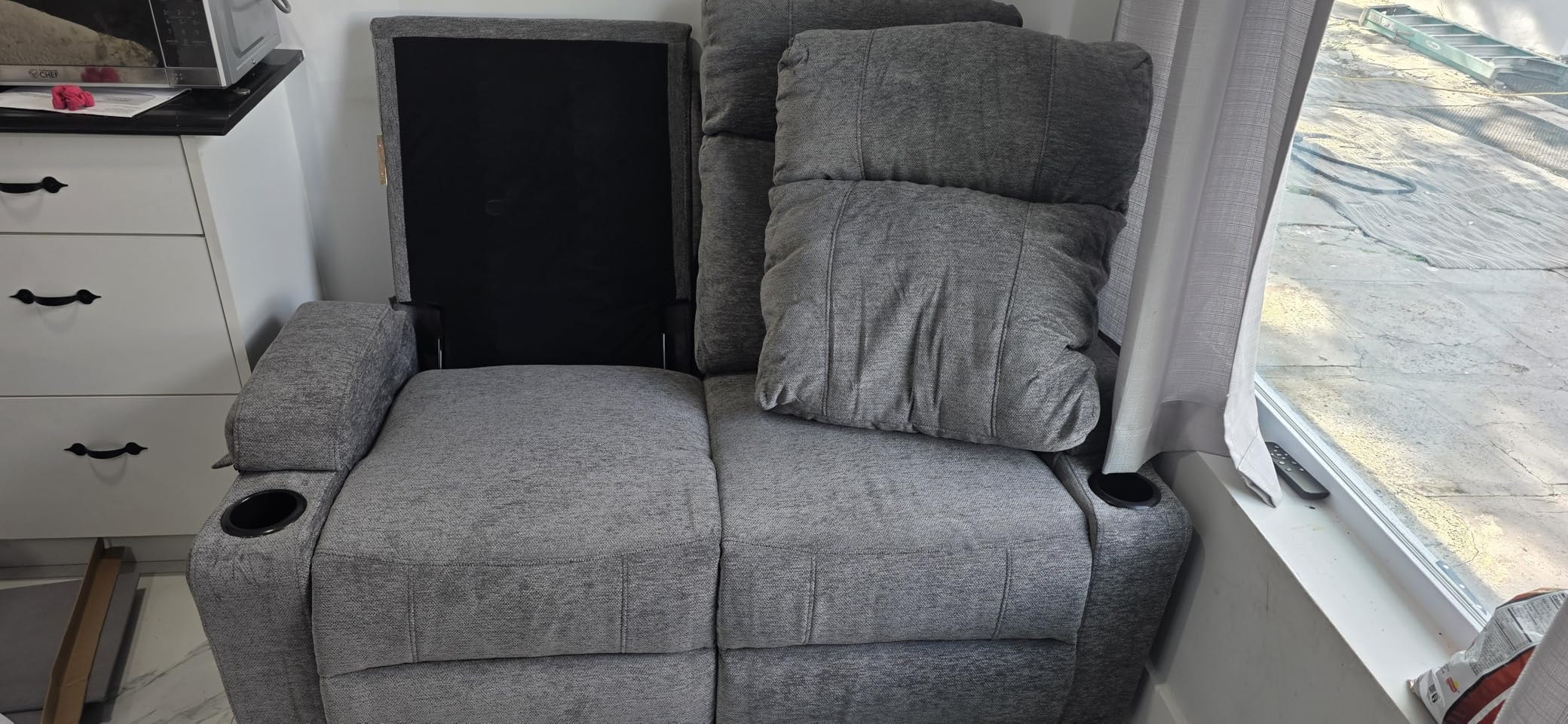 3 Seater Recliner Sofa with Console, RV Loveseat Reclining Couch with Drop Down Table/ 4 Cup Holder/Hidden Storage, Wall Hugger Recliner Sofa for Living Room & Home Theater & RV (Blue) customer photo 1