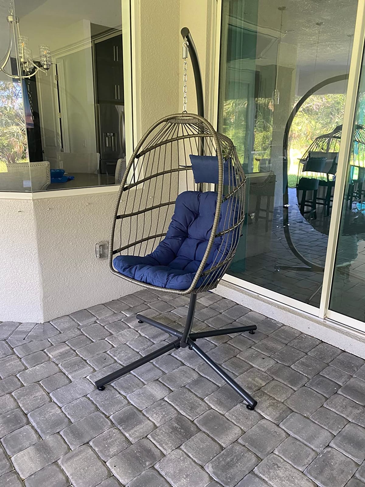 SWITTE Hanging Egg Chair with Stand, Outdoor Indoor Rattan Wicker Egg Swing Chair with Cushion, Heavy Duty Patio Hammock Chairs for Garden Backyard Balcony Bedroom, 400LBS Capacity, Dark Grey customer photo 2