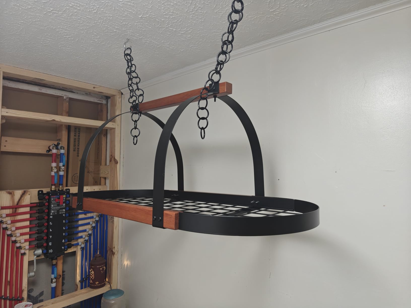 KES Natural Solid Wood 39 Inch Large Hanging Pot Rack, 130 LBS Capacity Heavy Duty Oval Pot and Pan Hanging Rack Ceiling Mount, Pot Pan Hangers Organizer for Kitchen, 20 Hooks (For 16